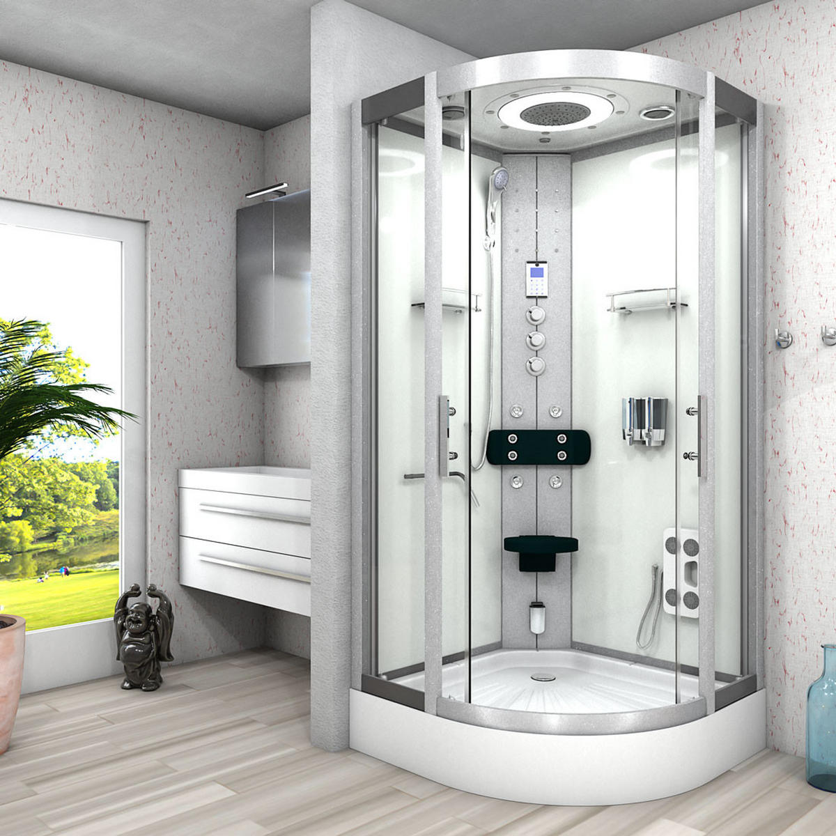 DAMPFDUSCHE Duschkabine D58-20T3 Weiß 100x100 - Weiß, Glas/Kunststoff (100/100/215cm) - AcquaVapore by Sandra Jentho