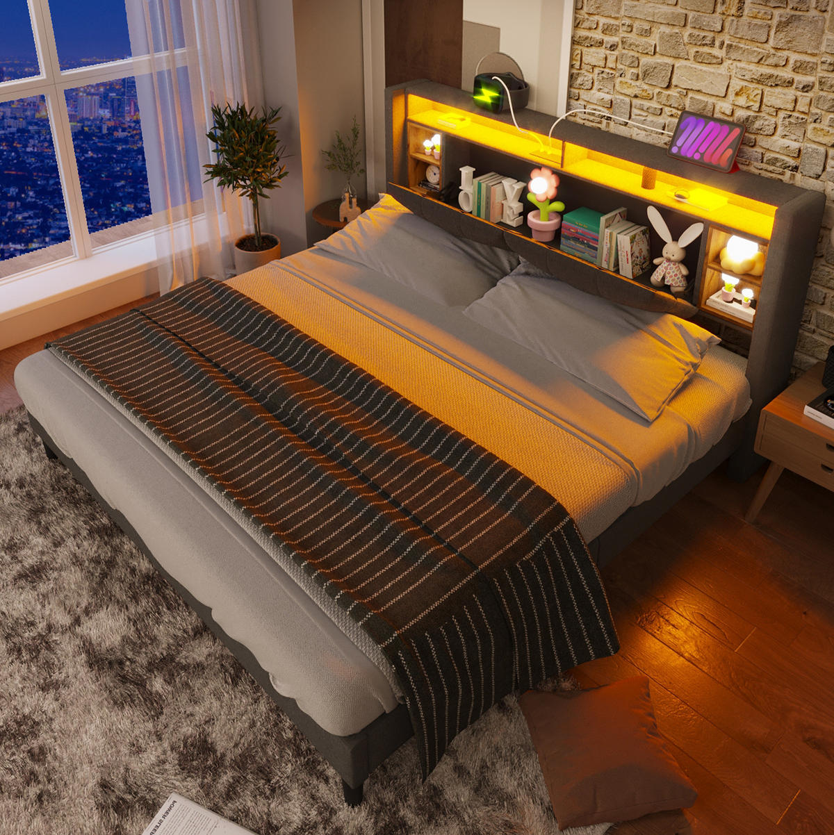 ČALOUNĚNÁ postel 140/200 cm šedá z masivního dřeva s úložným čelem USB a LED - šedá, dřevo (140/200cm) - OKWISH