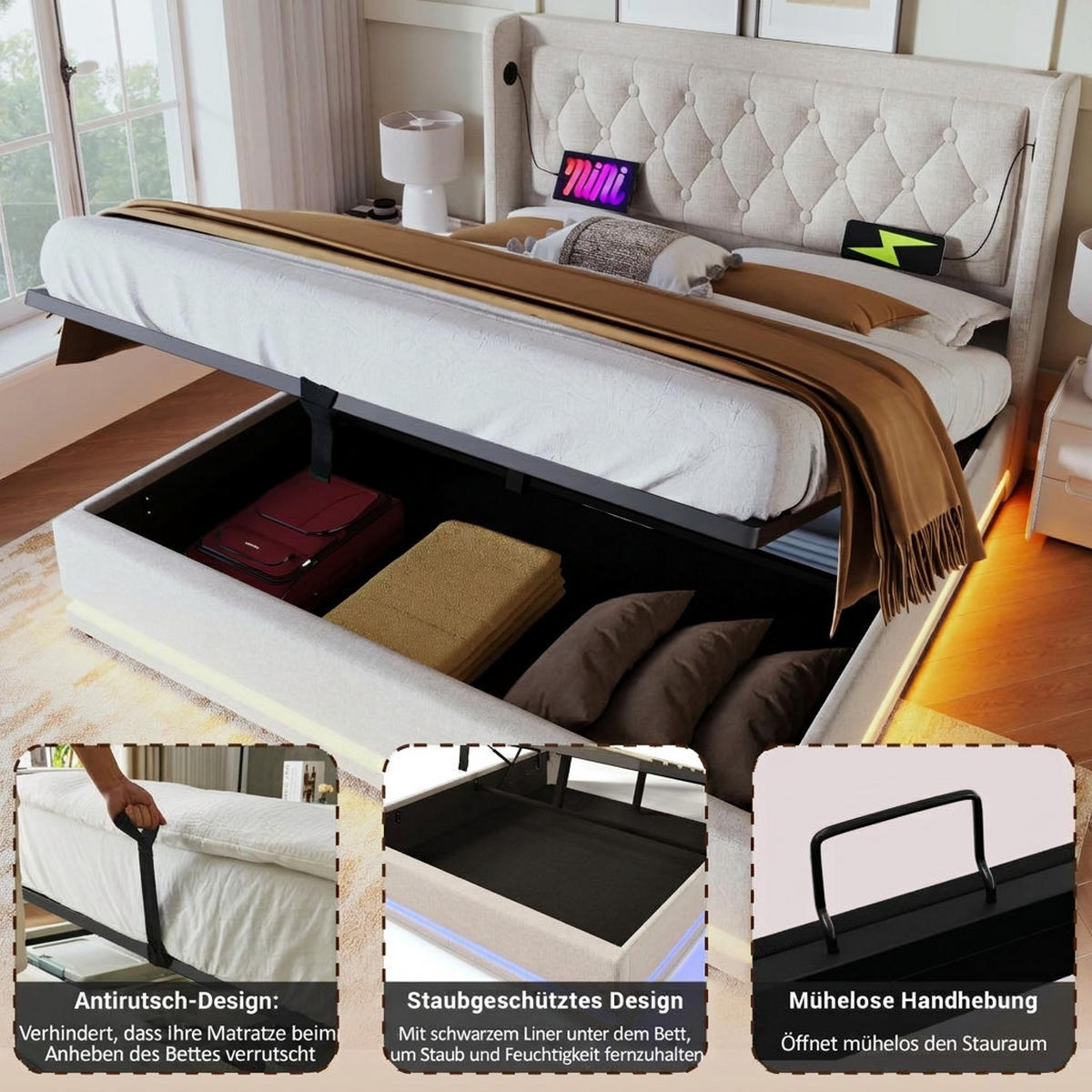 POLSTERBETT 160/200 cm Beige mit USB Typ-C Ladefunktion und 3-seitige LED-Funktion - Beige, Textil (160/200cm) - Oxeza