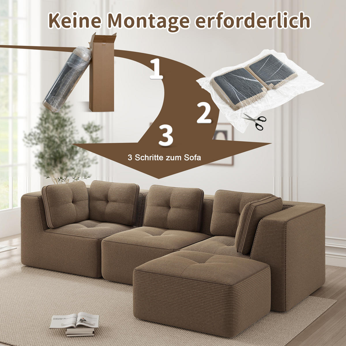 ECKSOFA 297/177/69 cm Braun Cord mit 1 Fußhocker - Braun, Textil (297/177cm) - Oxeza