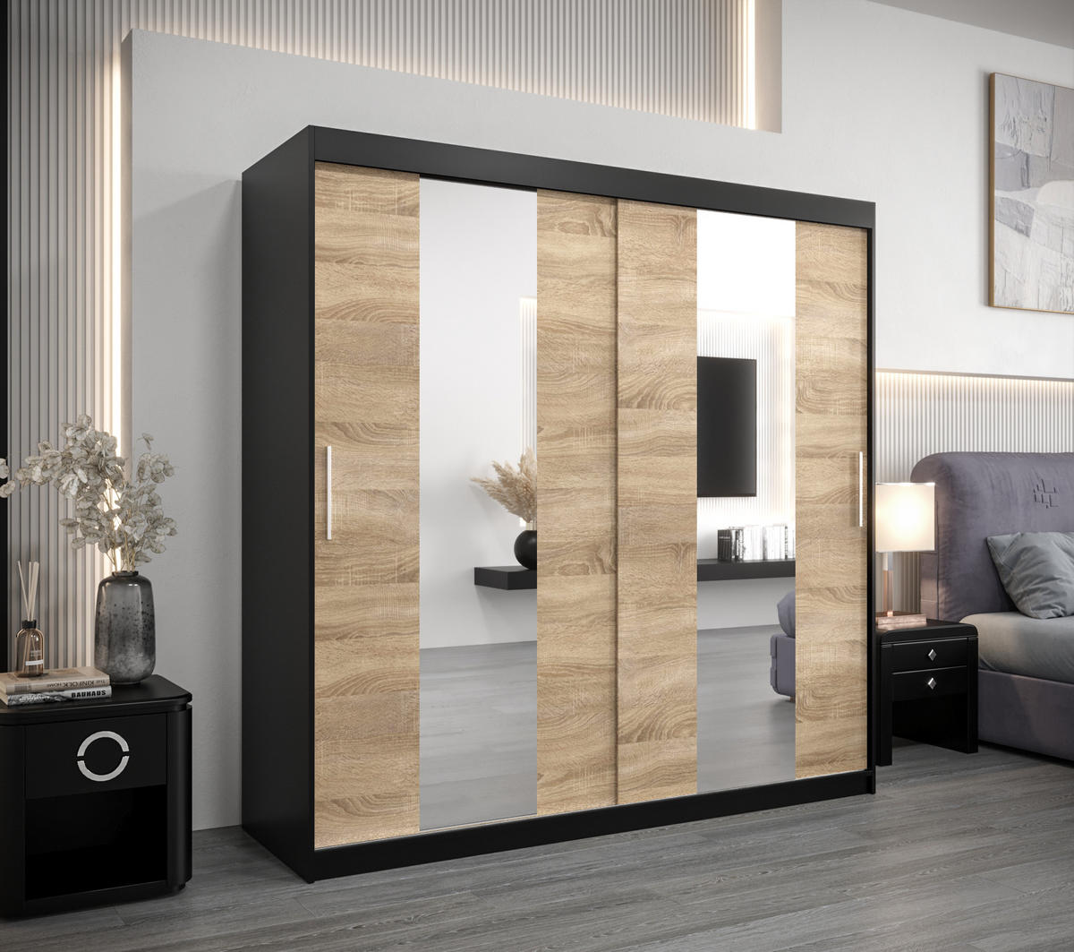 SCHWEBETÜRENSCHRANK 200/200/62 2-türig - Silberfarben/Schwarz, Holz/Kunststoff (200/200/62cm) - Abiks Möbel