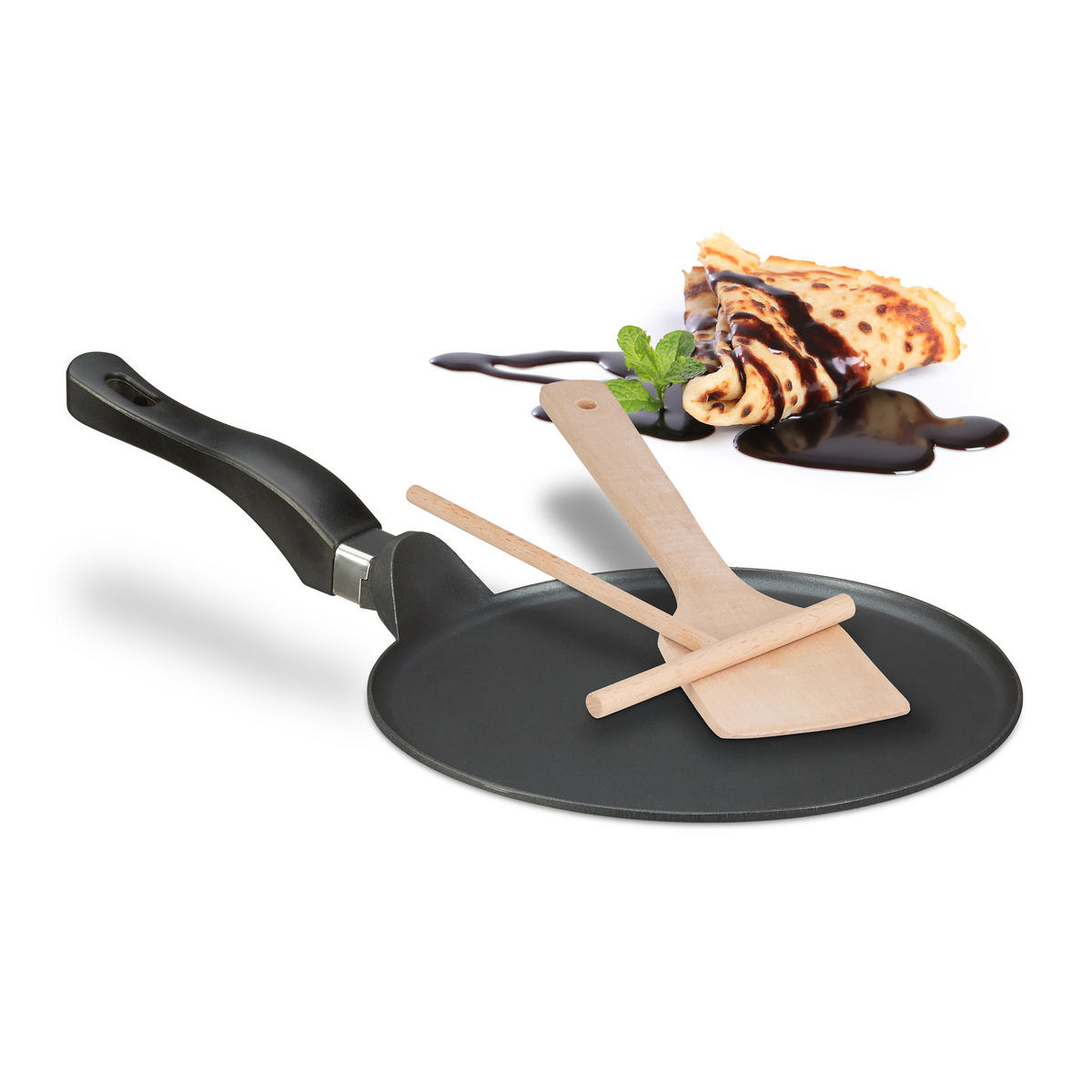 CRÊPEPFANNE - Schwarz, Holz/Kunststoff (25/45/9cm) - Relaxdays