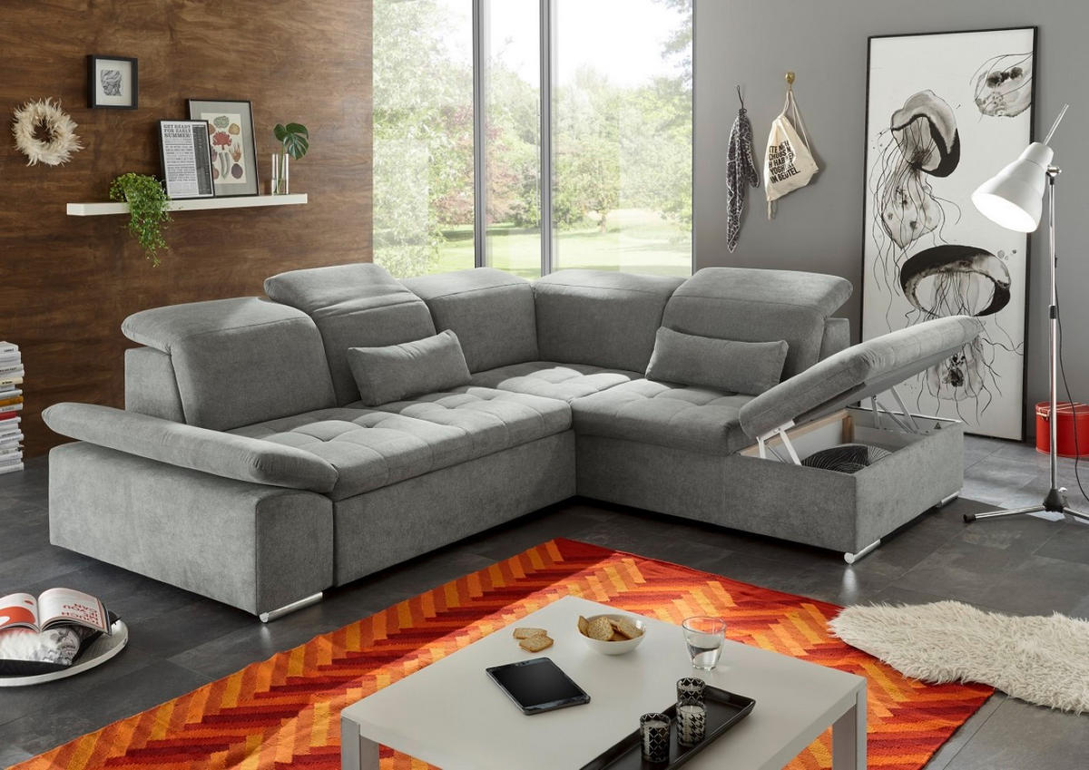 ECKSOFA mit Schlaffunktion mit Bettkasten und verstellbaren Kopf- und Rückenlehnen - Chromfarben/Schlammfarben, Textil (240/276cm) - ed exciting design