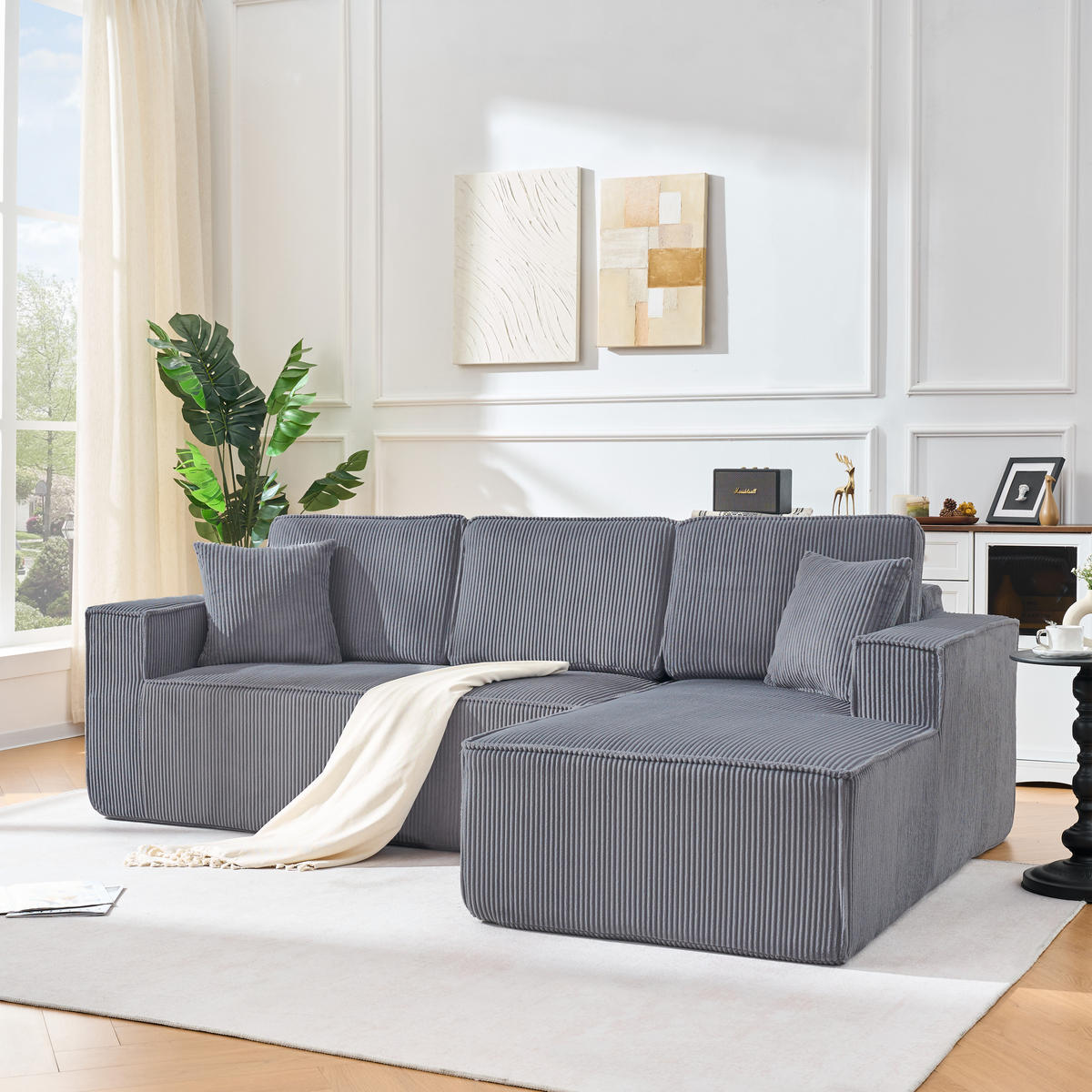 ECKSOFA DE-34601 modulares L-Design mit Cordbezug Grau - Grau, Textil (128/235cm) - ComfortXL