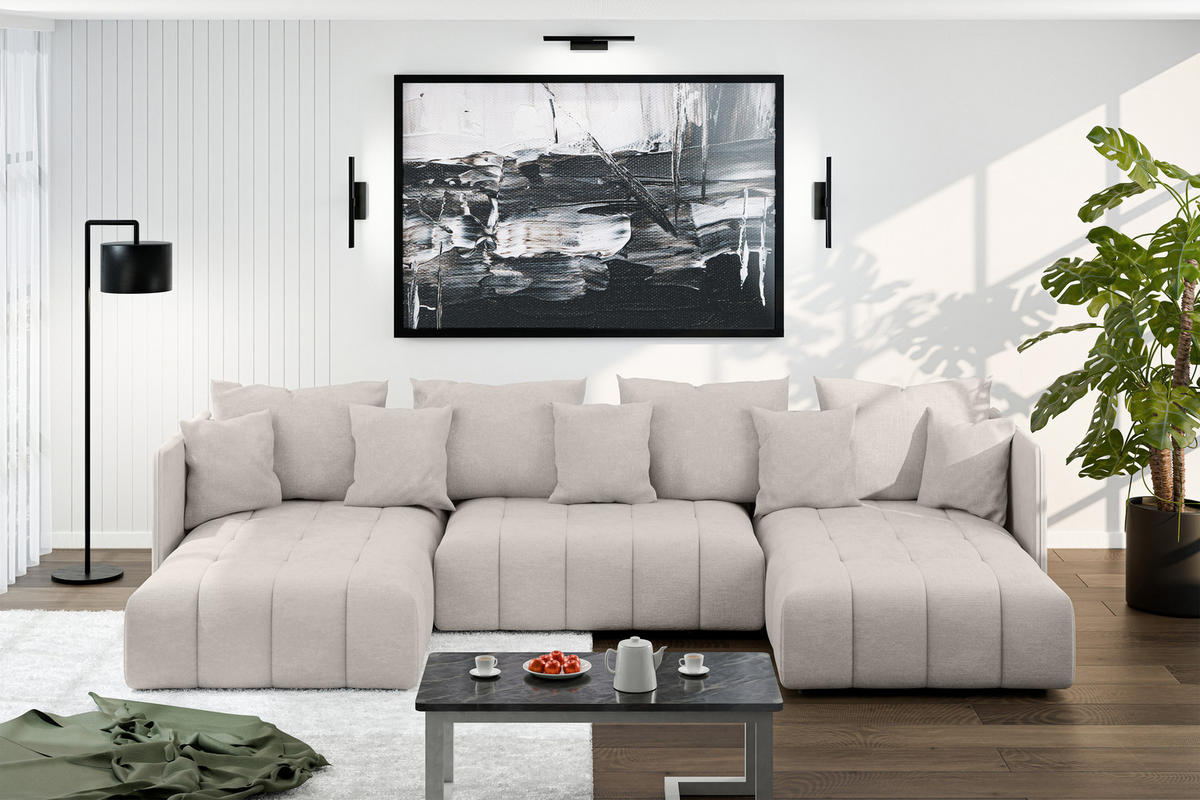 WOHNLANDSCHAFT Mersino Beige 353/180/83 cm – Wohnlandschaft fürs Wohnzimmer - Beige/Schwarz, Kunststoff/Textil (353/83/180cm) - AX Living