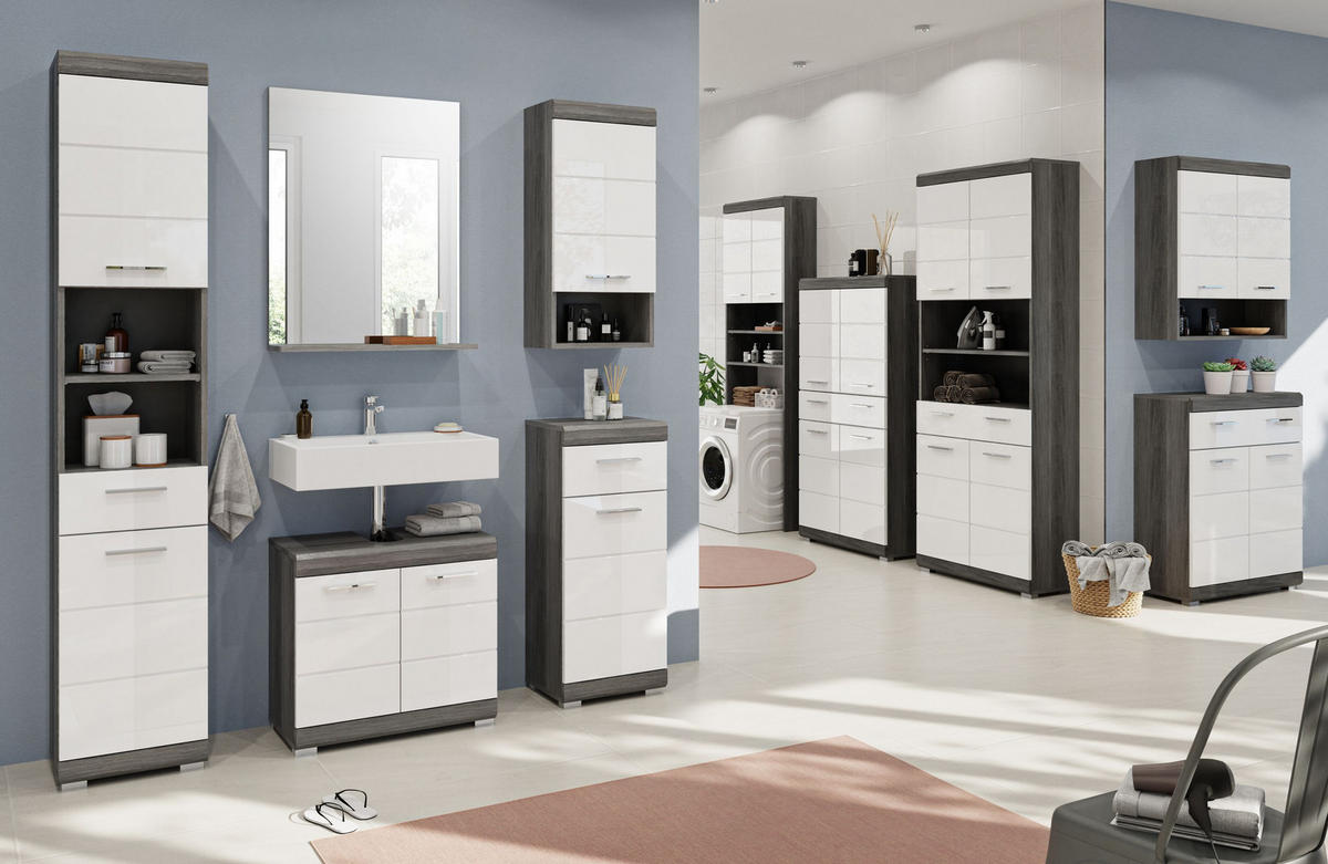 STANDSCHRANK Scout Bad in Rauchsilber Nachbildung und weiß hochglanz B/H/T: 74x88x31 cm - Silberfarben, Holz (74/88/31cm)