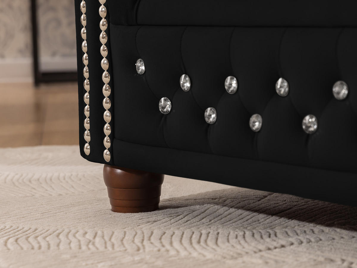 SITZGARNITUR 3+2 Chesterfield Cleo Blink Schwarz Samt mit Kristallsteppung und braunen Massivholzfüßen - Schwarz/Braun, Holz/Textil (203/72/86cm) - S-Style Möbel