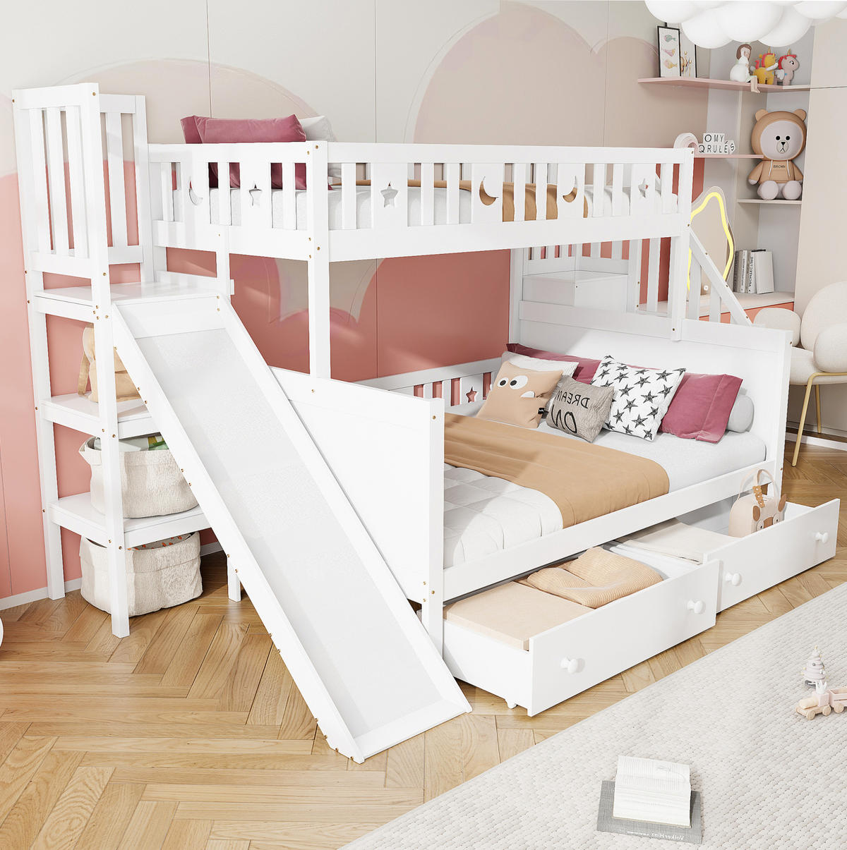 ETAGENBETT Kinderbett 90/200 & 140/200 cm aus Massivholz mit Rutsche, Leiterregal und 2 Schubladen Weiß - Weiß, Holz (90/140cm) - Modenvie