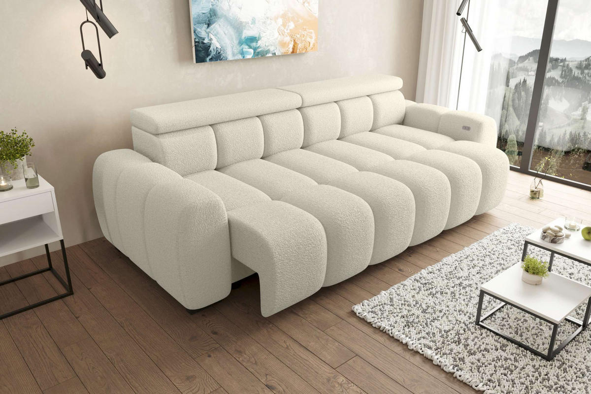 BIGSOFA ALESSIO Bouclé-Stoff Weiß mit elektrischer Sitztiefenverstellung - Weiß, Kunststoff/Textil (248/77/108cm) - 99rooms