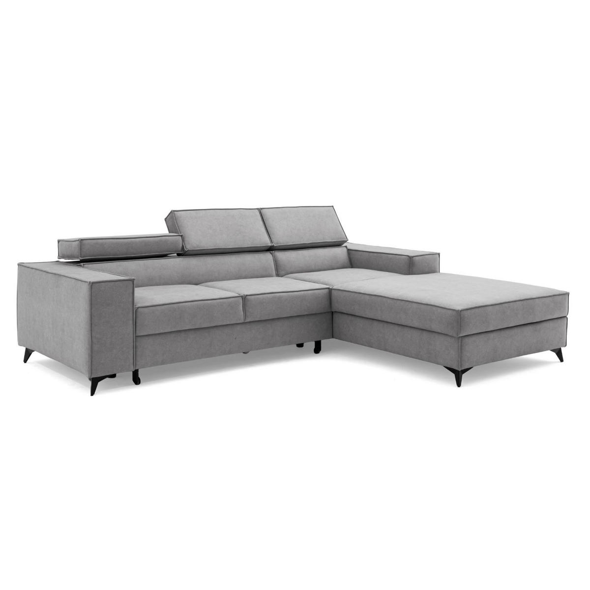 ECKSOFA PURE S Rechts mit Schlaffunktion 127x215 Velours Hellgrau - Hellgrau/Schwarz, Holz/Textil (204/281cm) - Muffo