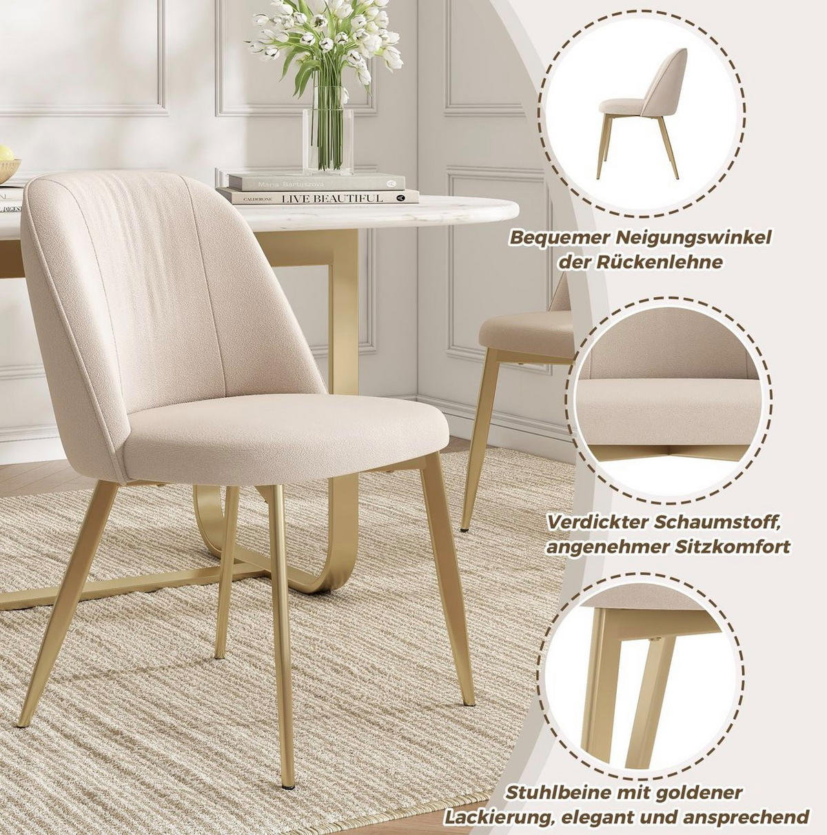 ESSZIMMERSTUHL 6er-Set Samt Beige mit goldfarbenen Metallbeinen - Beige, Metall (50/80/53.2cm) - Meubliv