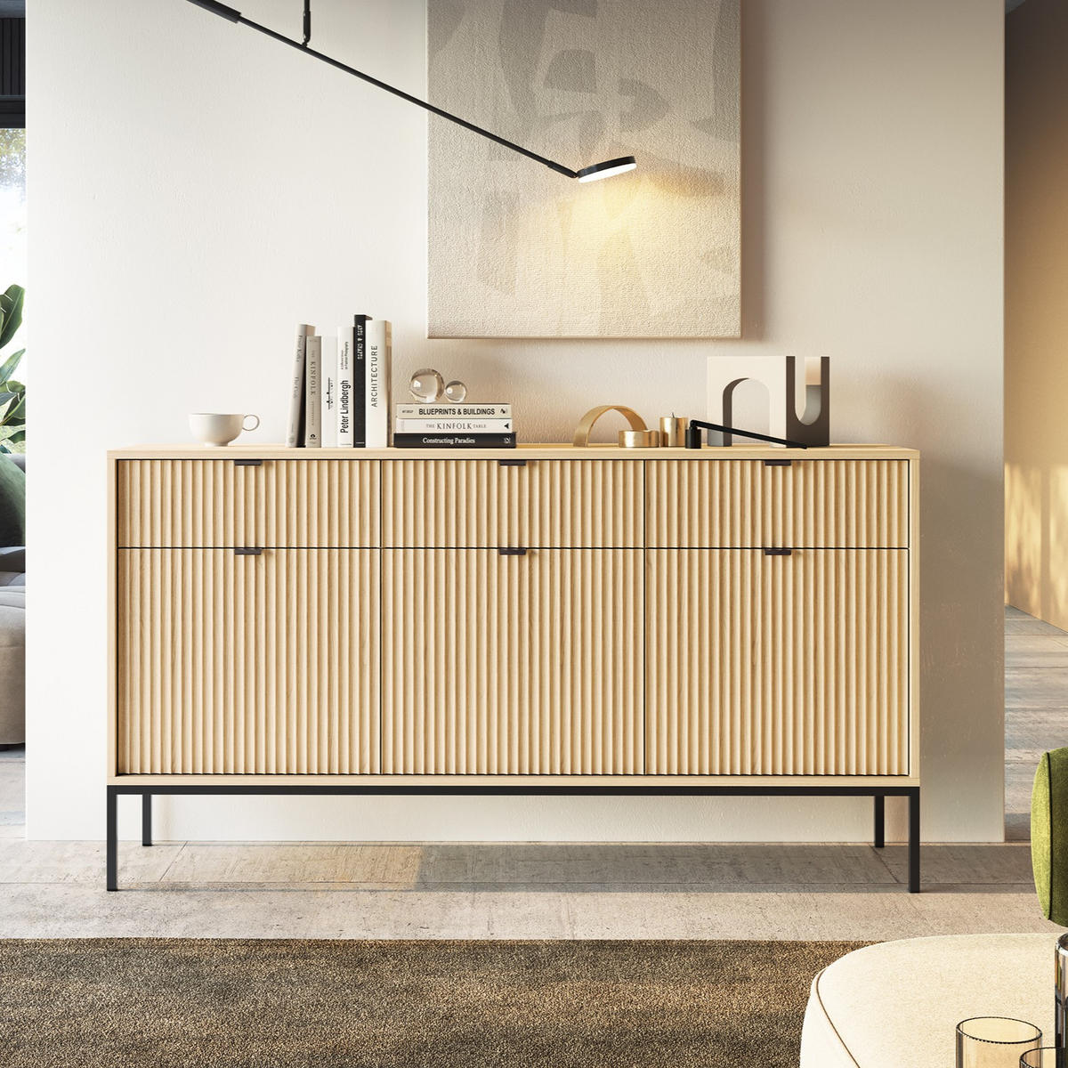 MODERNE Geriffelte Kommode KIOTO K3D3SZ (Eiche Vicenza, Schwarzes Gestell, Soft-Close Türen) - Eichefarben/Schwarz, Holz/Holzwerkstoff (154/91/39cm) - Ravio