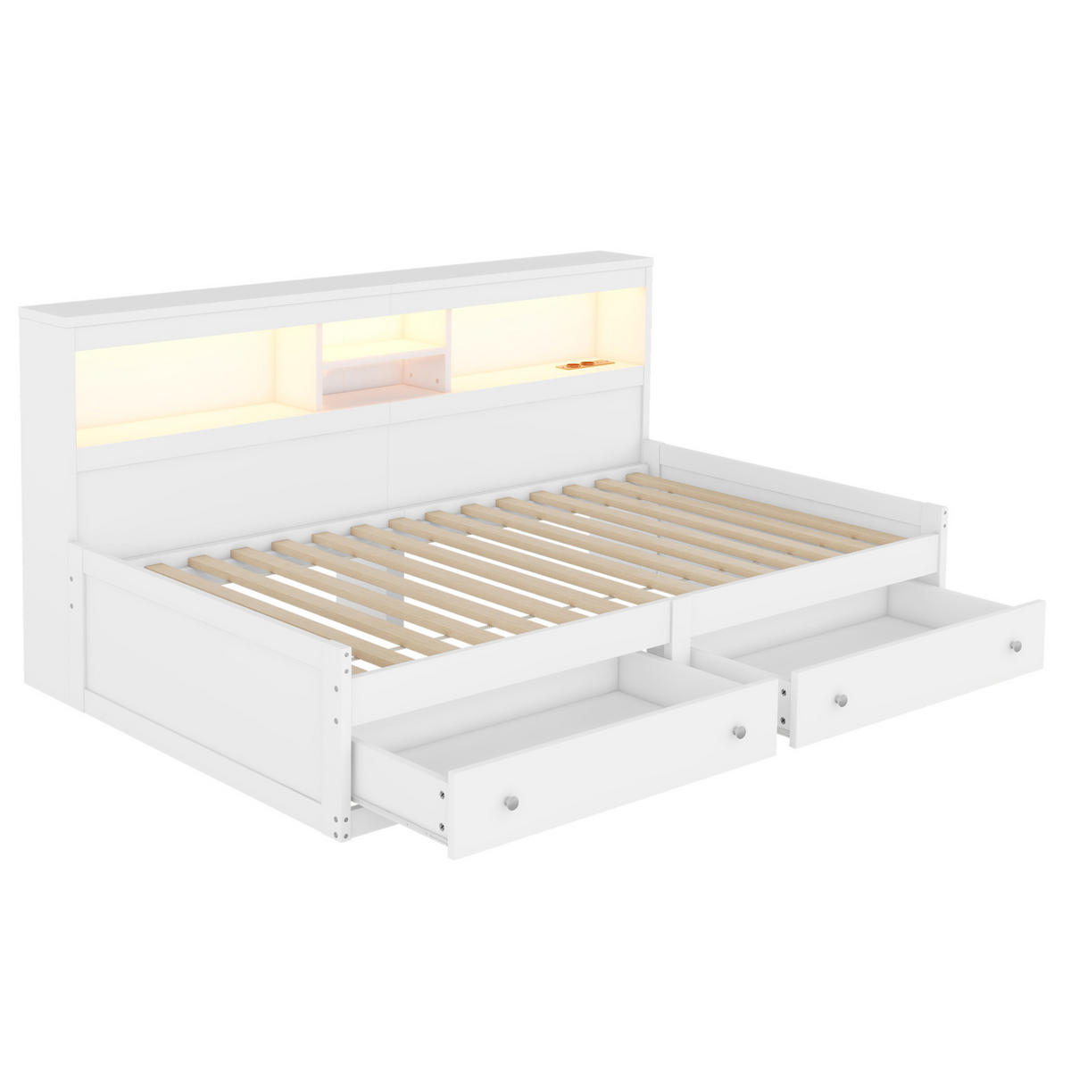 POLSTERBETT aus Spanplatte 90x200 cm in Weiß mit LED-Beleuchtung & USB-Ladefunktion - Weiß, Holzwerkstoff (90/200cm) - Modfu