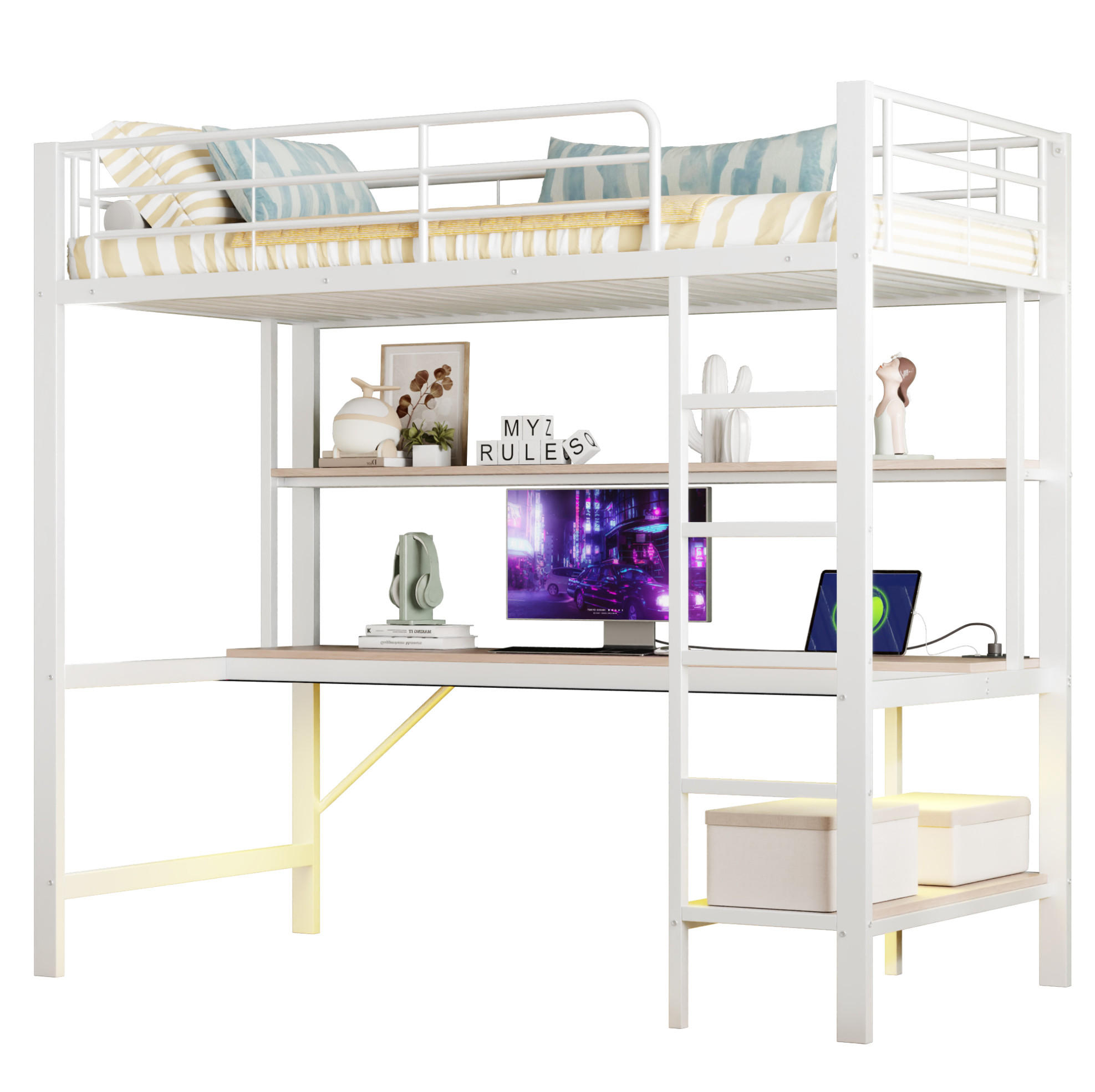 HOCHBETT 90/200 cm in Weiß mit LED-Beleuchtung, Schreibtisch und Regal - Weiß, Metall (90/200cm) - Flora Grace