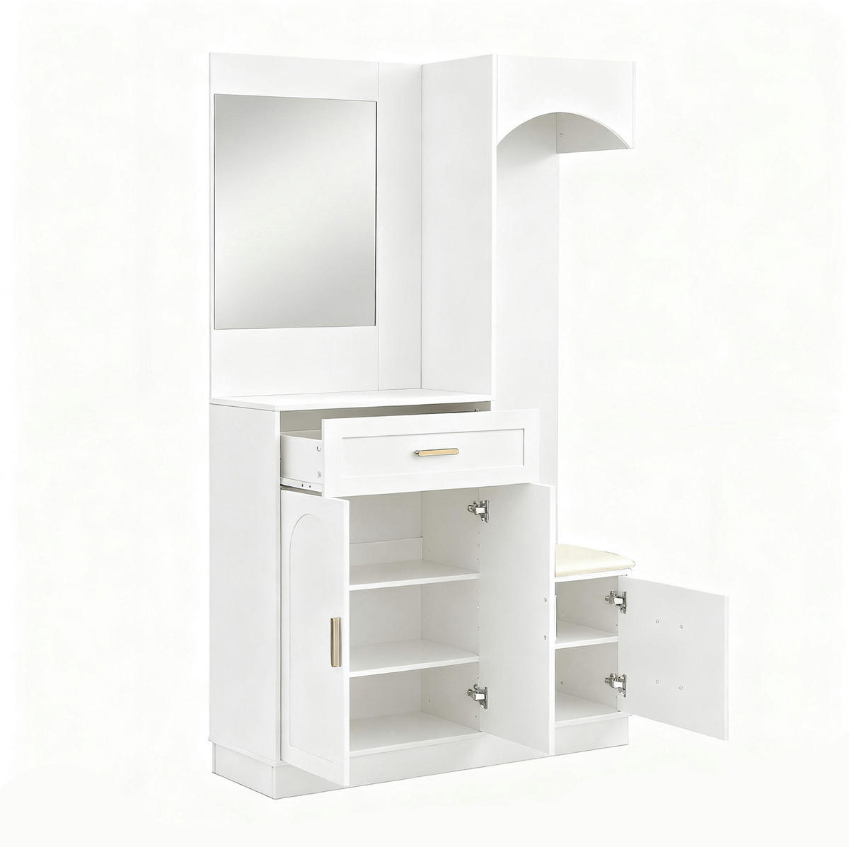 KOMPAKTGARDEROBE 110/33/185,5 cm aus Holzwerkstoff mit Spiegel und Schuhbank Weiß - Weiß, Holzwerkstoff (110/185.5/33cm) - Modenvie