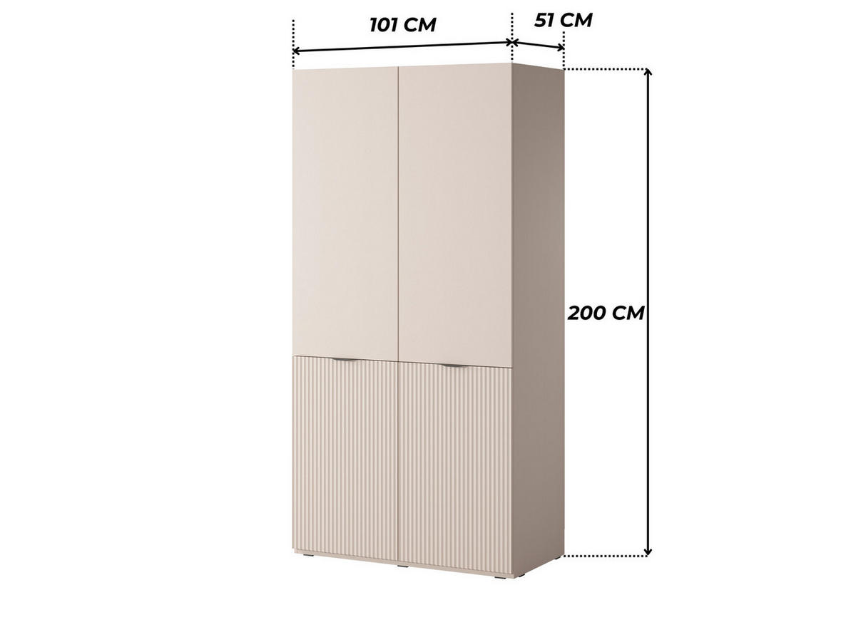KLEIDERSCHRANK ZEN (Modular, Beige Matt, Rillenfront, 2-türig) - Beige/Schwarz, Holz/Holzwerkstoff (101/200/51cm) - Ravio