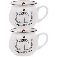 KERAMIKBECHER-SET KATZEN, Keramik, weiß, 2 Stk., 300 ml - Pink, Keramik (0.3L) - Orion 