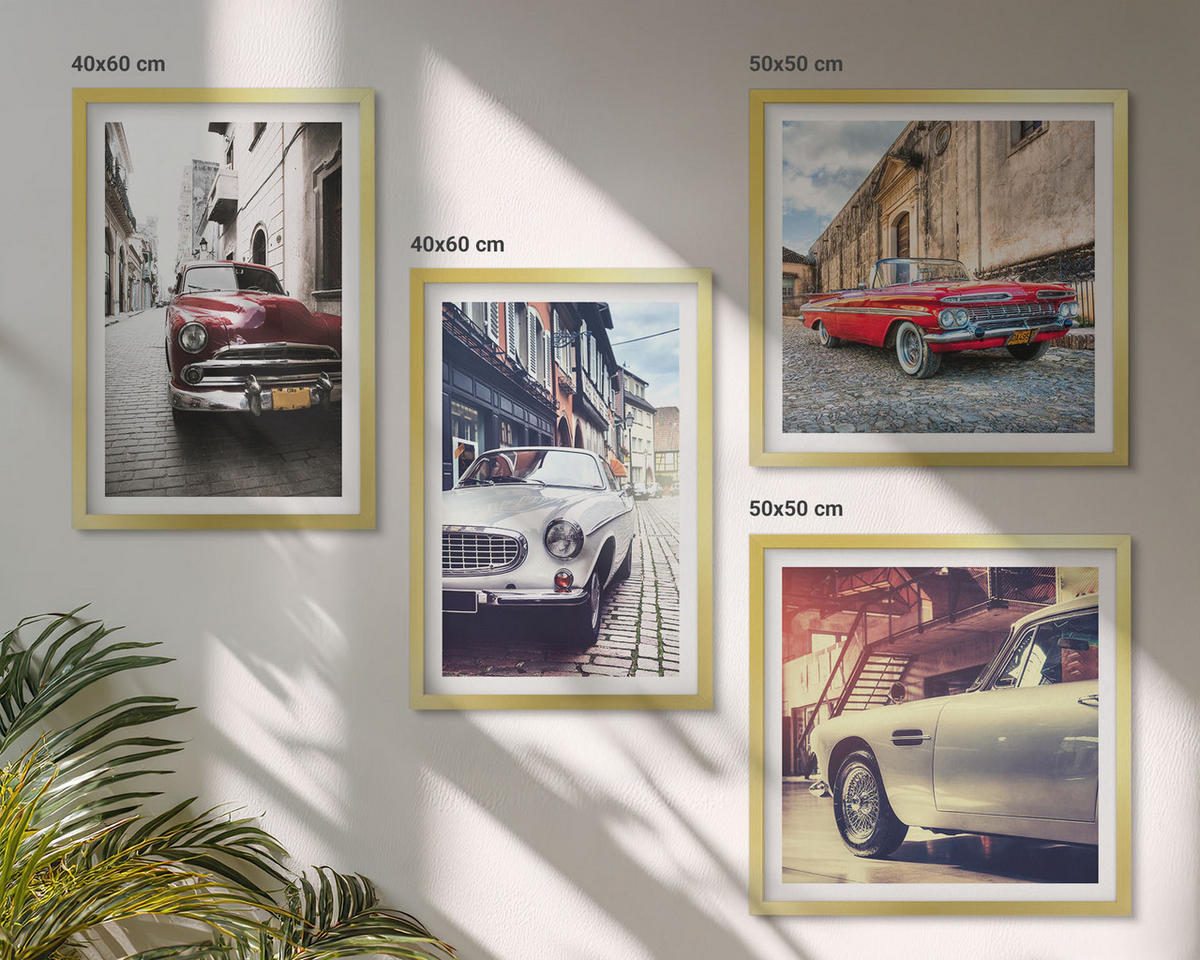 WANDBILDER 4er Set - 50x50 cm & 40x60 cm Goldrahmen - Oldtimer in Städten - Goldfarben, Kunststoff (50/50cm) - ArtPrintCave