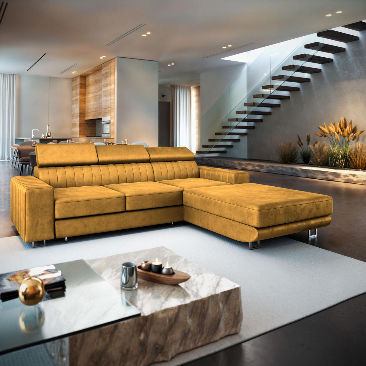 ECKSOFA NOTO R-S Gelb Velours-Stoff mit Schlaffunktion - Gelb, Holz (267/190cm) - MASSENO