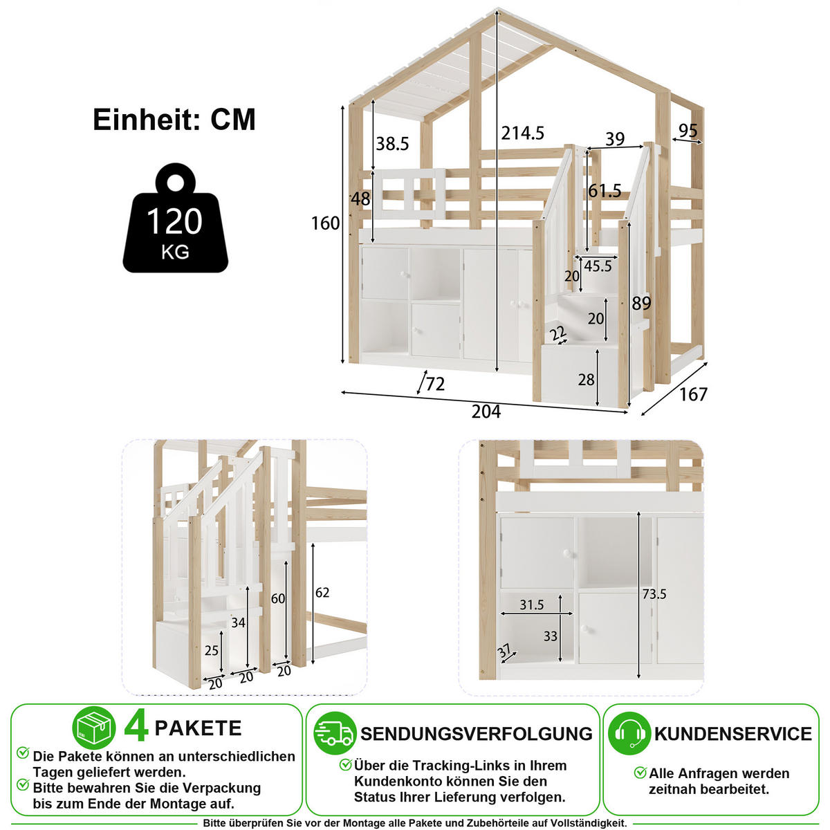 HOCHBETT 90/200 cm in Weiß & Natur mit Stauraumleiter, Schließfächern und Fenster - Weiß/Naturfarben, Holz/Holzwerkstoff (90/200cm) - CHICFURN