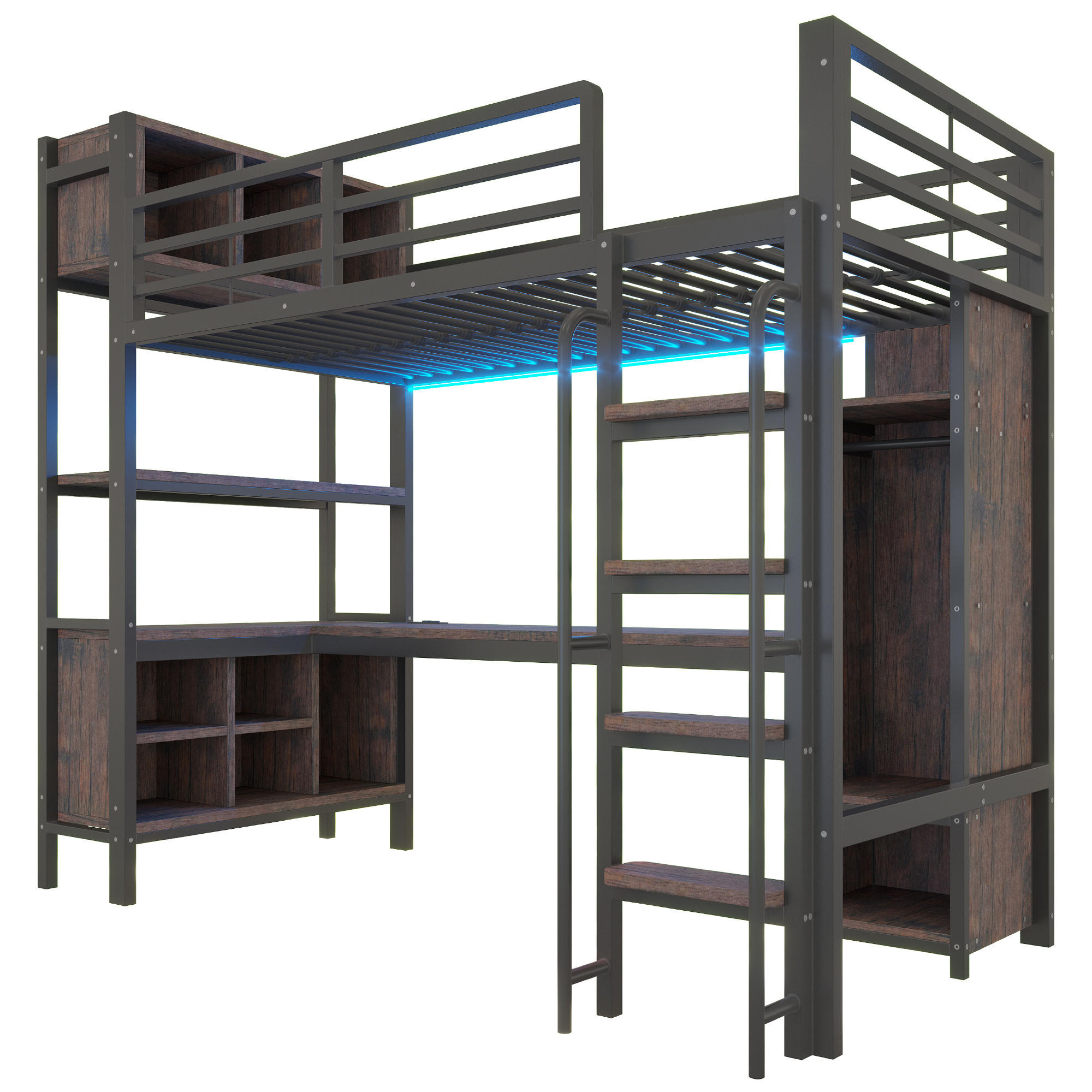 HOCHBETT 90/200 cm DE-32589 Gaming-Design mit LED und Steckdose Schwarz - Schwarz, Metall (90/200cm) - ComfortXL