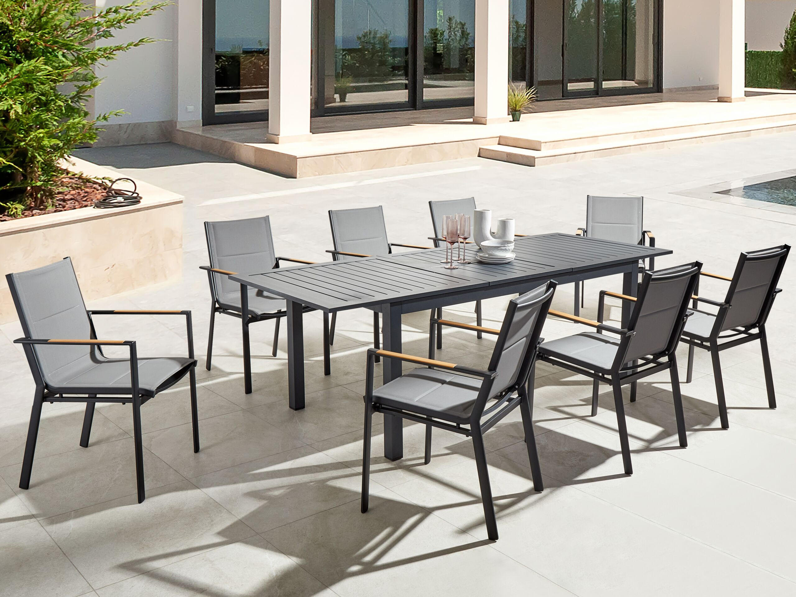 GARTENTISCH 180-240/90 cm Kunststoff Dunkelgrau Skaloma - Grau, Metall (180/90/74cm) - Beliani