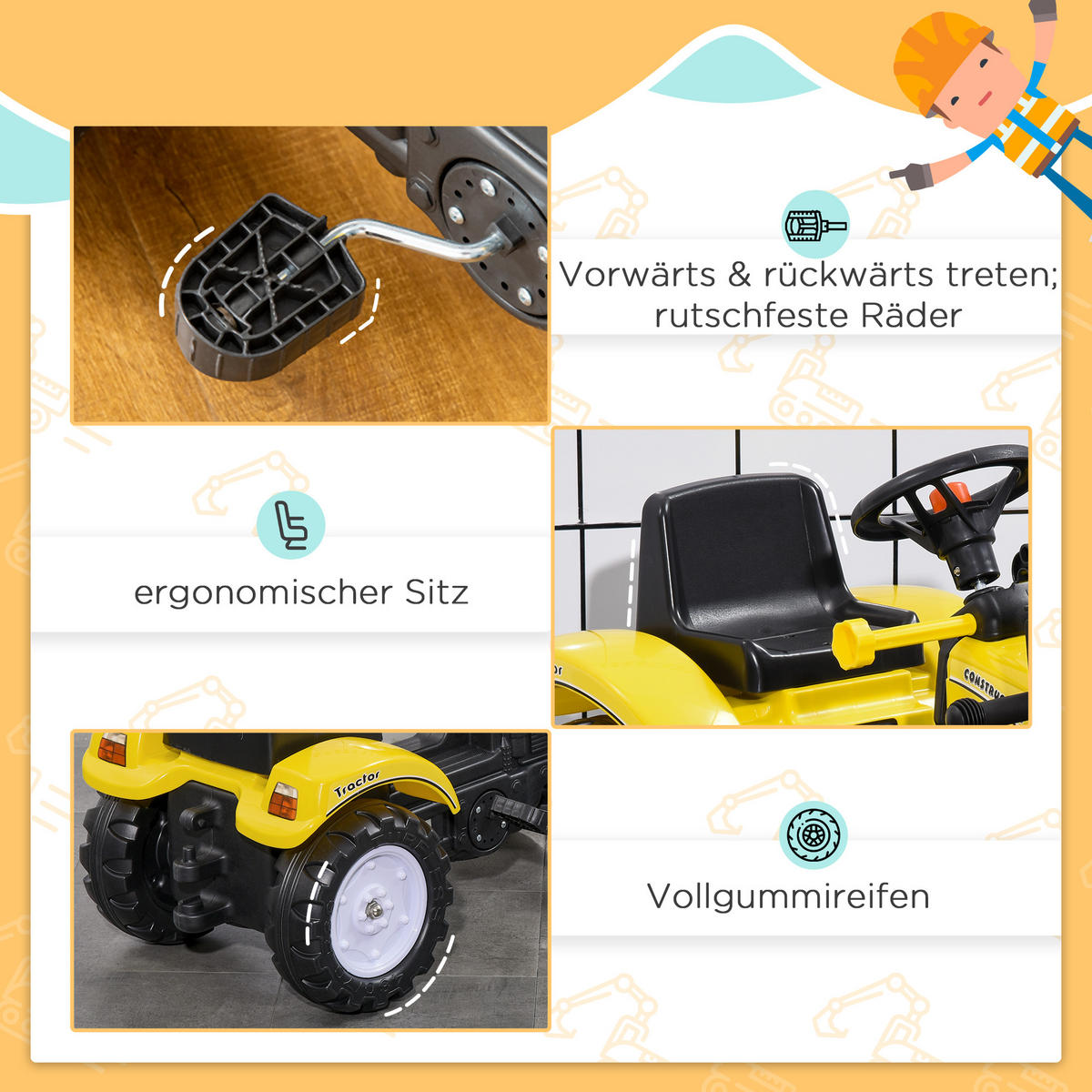 KINDER RUTSCHAUTO, Schwarz+Gelb, Eisen+ Kunststoff - Schwarz, Metall (114/41/52cm) - HOMCOM