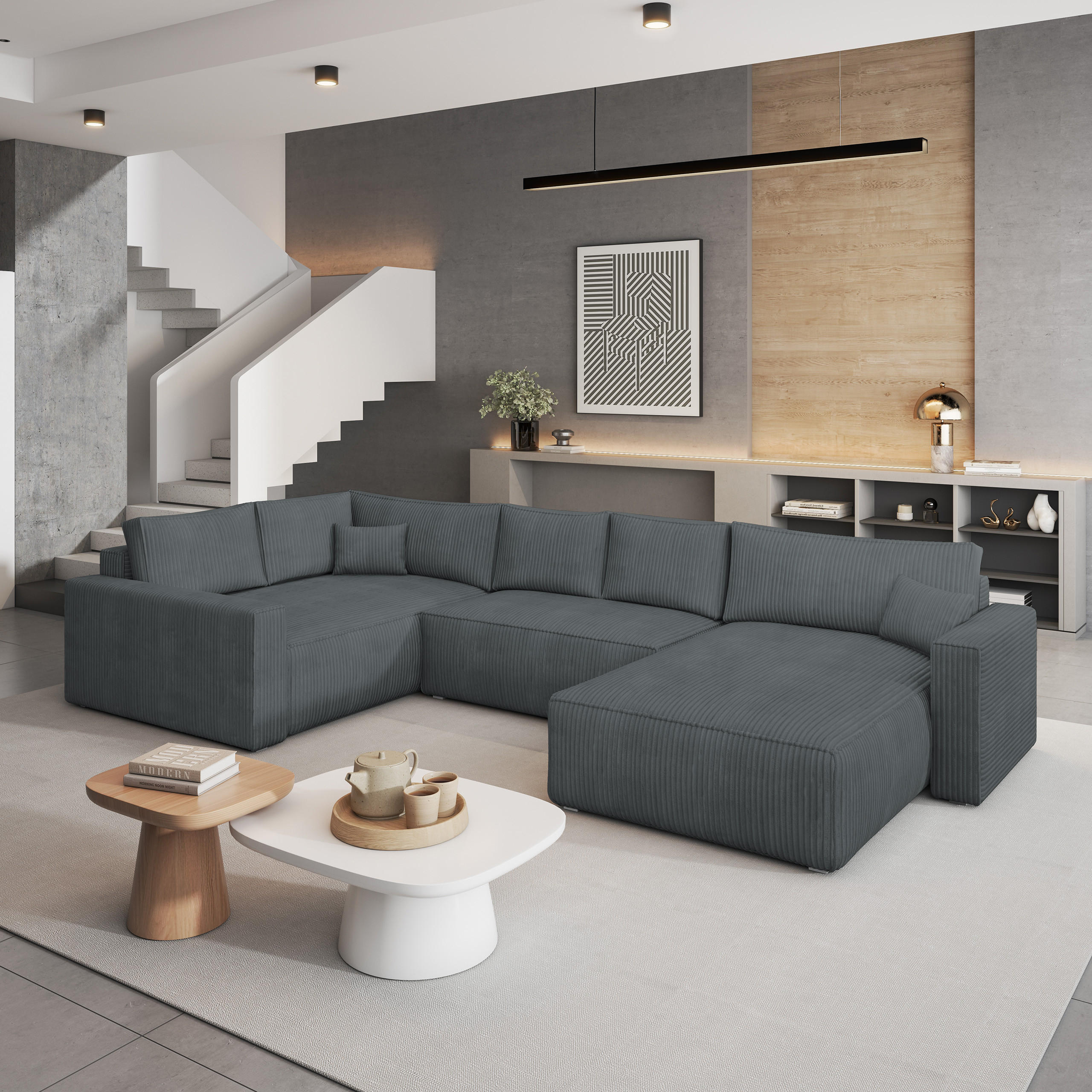 WOHNLANDSCHAFT VELAMI L-S Grau Kordstoff mit Schlaffunktion - Grau, Holz (365/83/194cm) - MASSENO