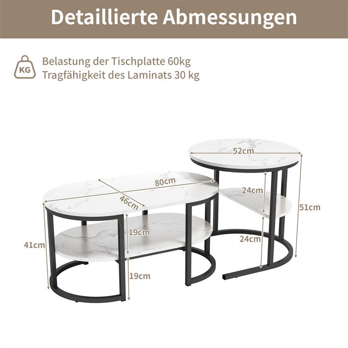COUCHTISCH 2er-Set - Ovaler und Runder Couchtisch in Marmoroptik mit Ablage - Weiß und Schwarz - Schwarz, Holzwerkstoff (46/80/41cm) - DELFA