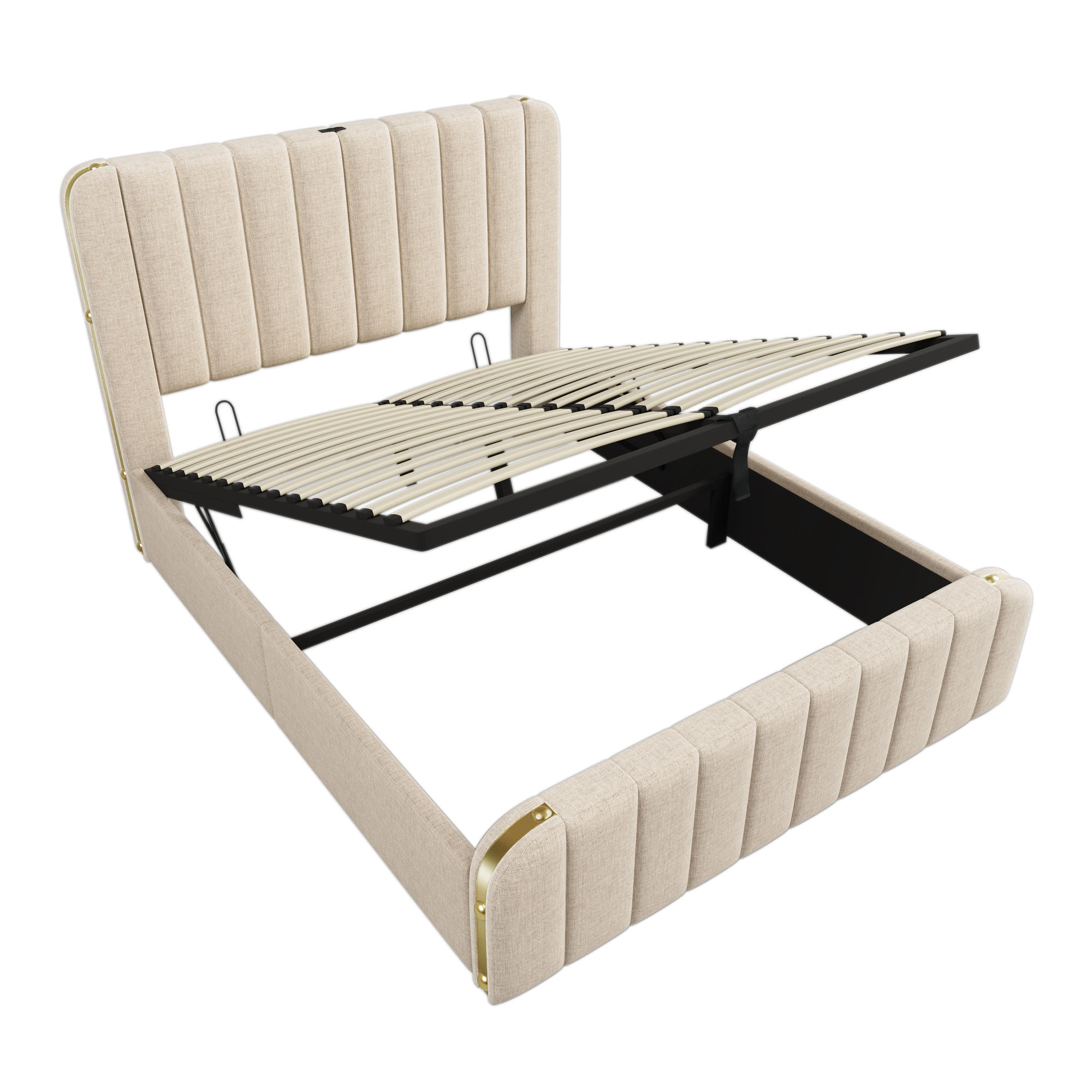 ČALOUNĚNÁ POSTEL 190x200 cm, lněná béžová, s USB typu C a hydraulickým úložným prostorem - béžová, textil - Urban Meuble