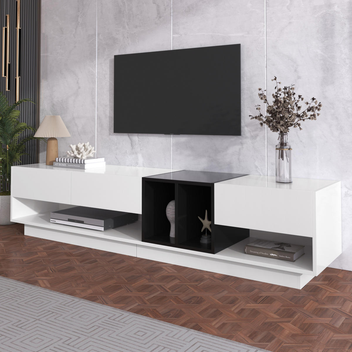 TV-LOWBOARD 190/40/42 cm mit 3 Schubladen und 2 offenen Fächern - Schwarz, Holzwerkstoff (190/42/40cm) - BEAOK