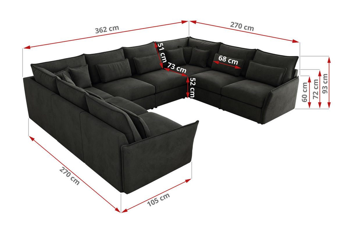WOHNLANDSCHAFT VERSO U 8M Dunkelgrau Velvet - Dunkelgrau/Schwarz, Kunststoff/Textil (362/93/270cm) - MKS