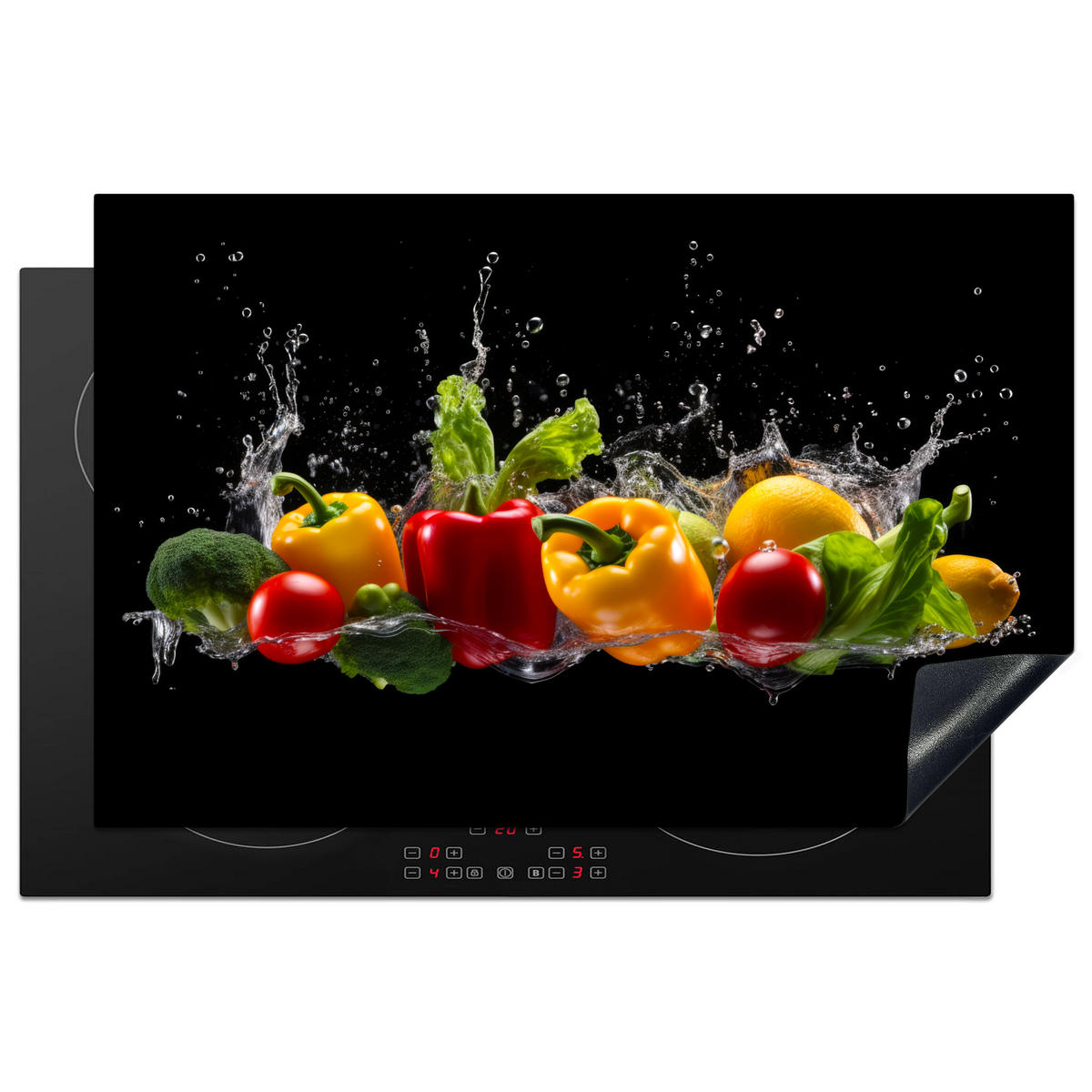 HERDABDECKPLATTE Paprika - Wasser - Gemüse - Schwarz 81x52 cm - Multicolor, Kunststoff (81.2/0.2/52cm) - MuchoWow