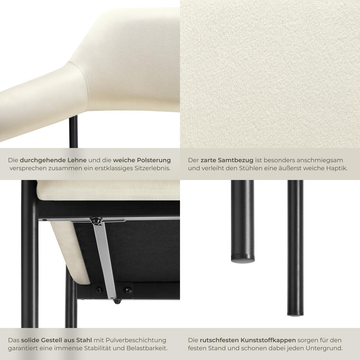 ARMLEHNSTUHL 6er Set Doé 58 x 62 x 85 cm Samtoptik off-white - Weiß/Samtahornfarben, Textil (58/85/62cm) - tectake