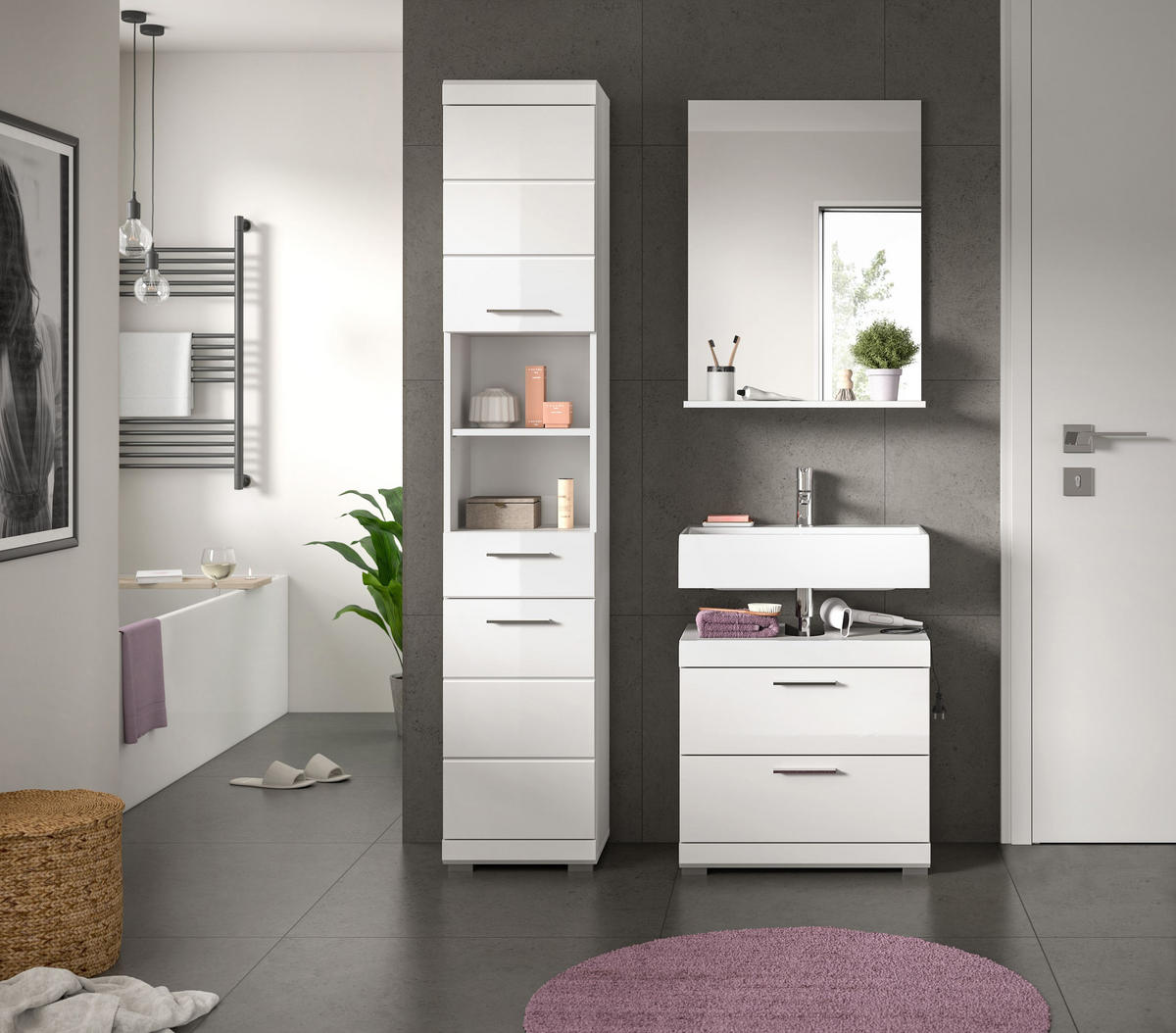 BADKOMBINATION 3tlg. Scout Bad in weiß Nachbildung und weiß hochglanz B/H/T: 112x191x34 cm - Weiß, Holz (112/191/37cm)