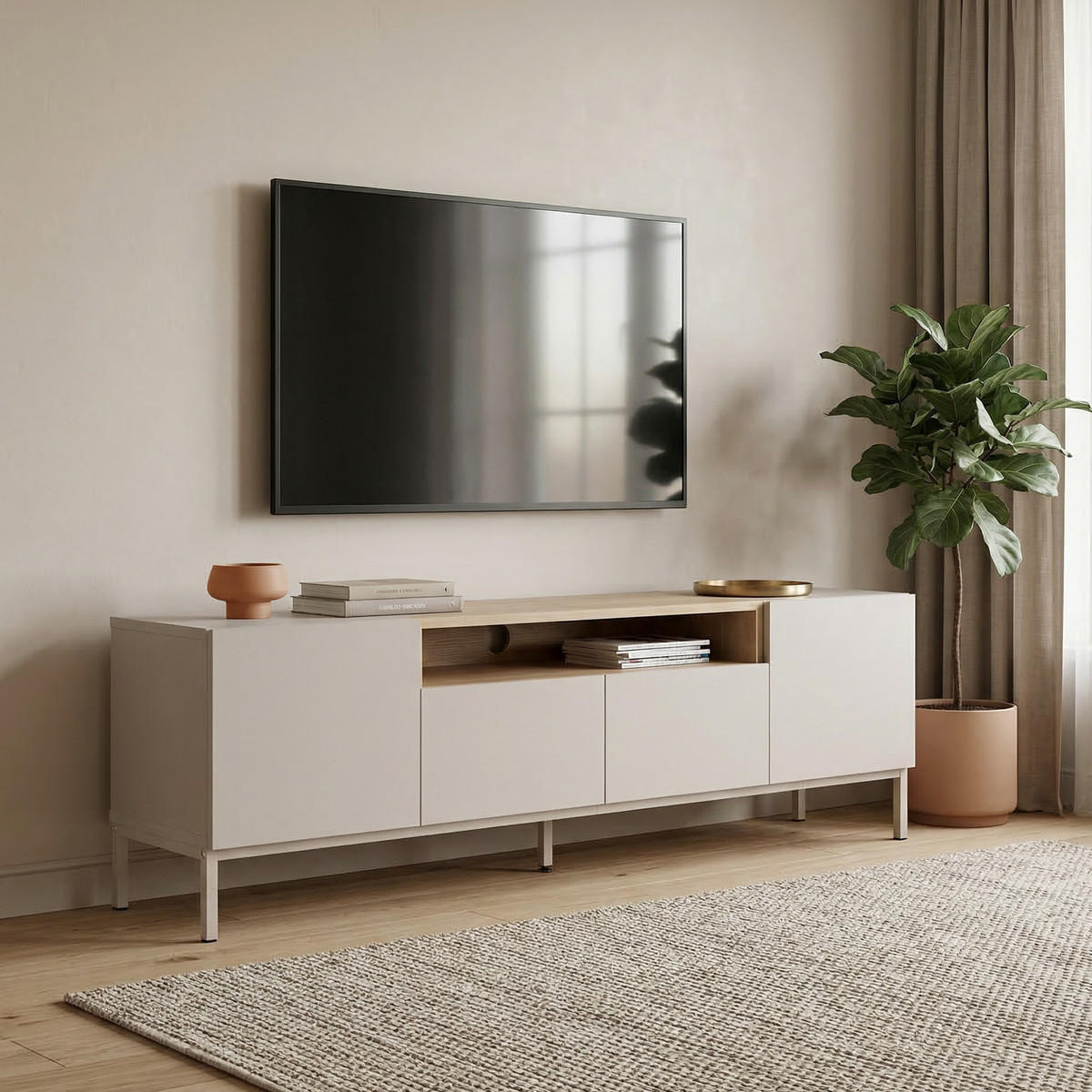 TV-MÖBEL 4 Türen, 1 Fach, Kaschmir und Holzdekor 160/35/50 cm - Beige, Holzwerkstoff (35/50/36.5cm) - Calicosy