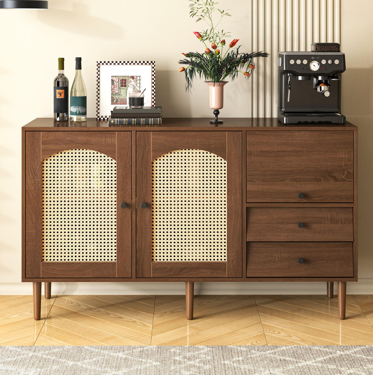SIDEBOARD 130/40/75,5 cm aus Spanplatte mit Rattantüren im Landhausstil Holzfarben - Eichefarben, Holzwerkstoff (130/75.5/40cm) - Modenvie