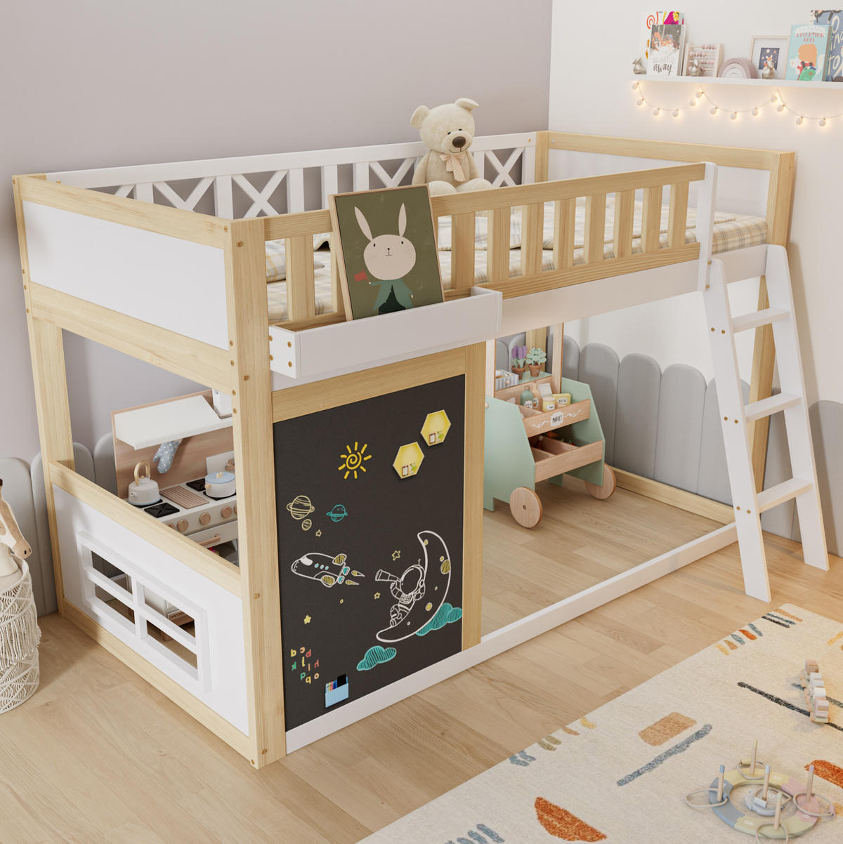 HOCHBETT Kinder 90/200 cm Weiß Natur mit Tafel, Aufbewahrungsbox und Stauraum ohne Matratze - Weiß, Holz (90/200cm) - MIVRAY
