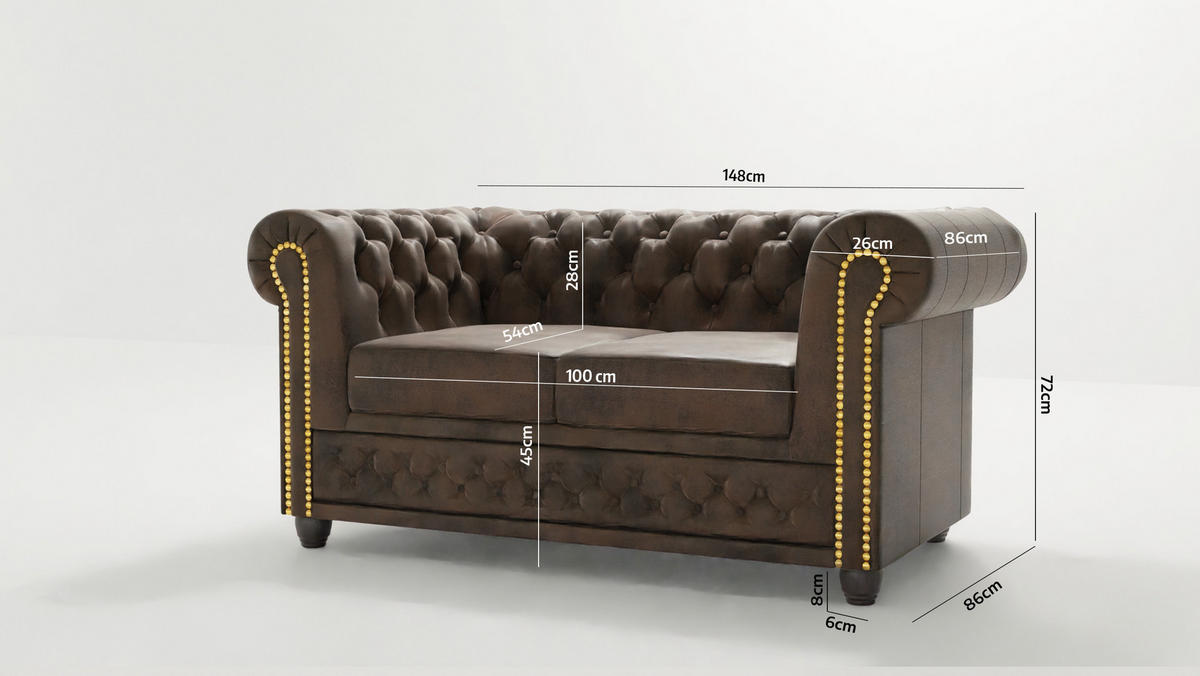 CHESTERFIELD-SOFA 2-sitzer Flux Dunkelbraun Microfaser Vintageoptik - Dunkelbraun/Braun, Holz/Textil (148/72/86cm) - S-Style Möbel