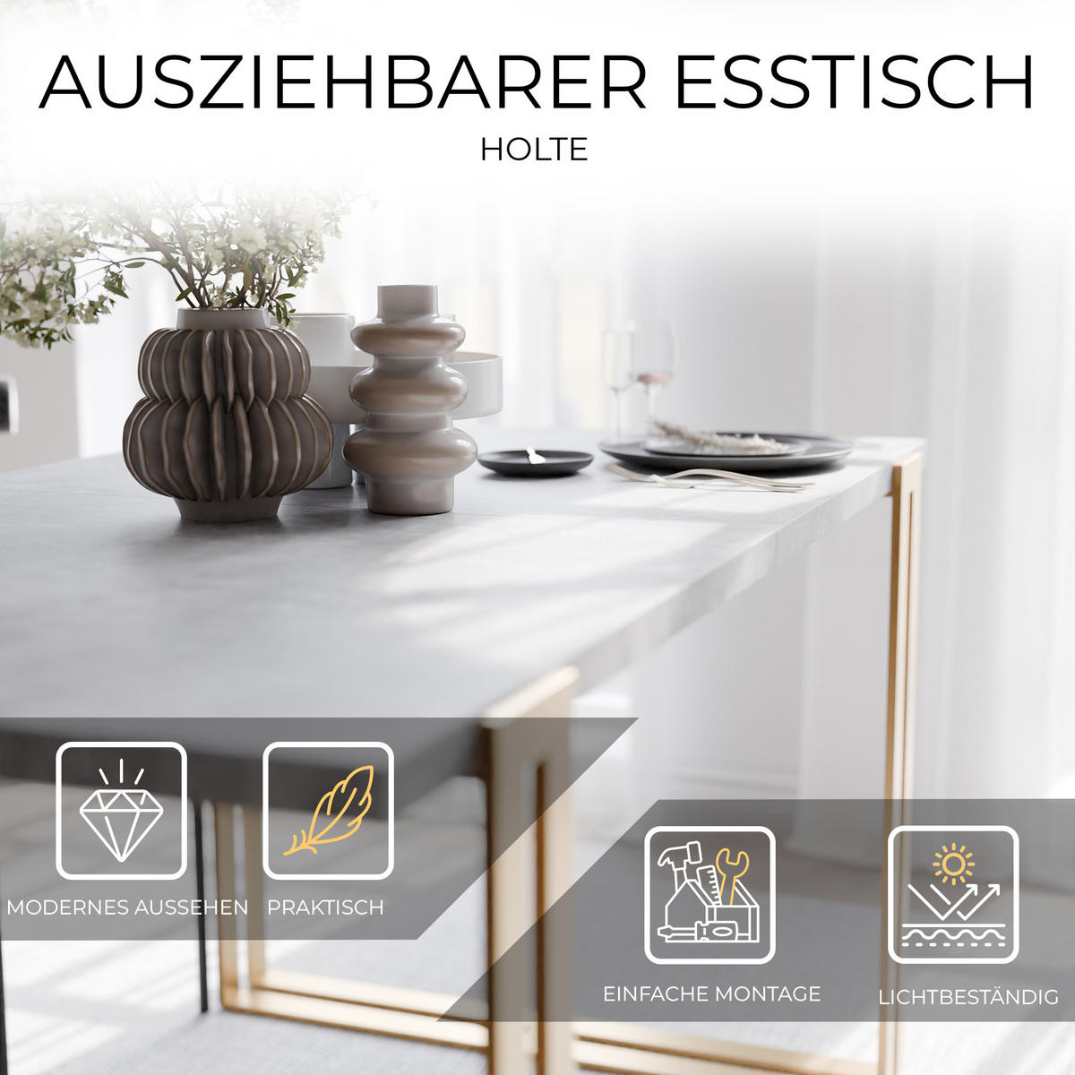 TISCH ausziehbar aus MDF, Grau - Goldfarben/Grau, Holzwerkstoff (160/80/76cm) - Idohome
