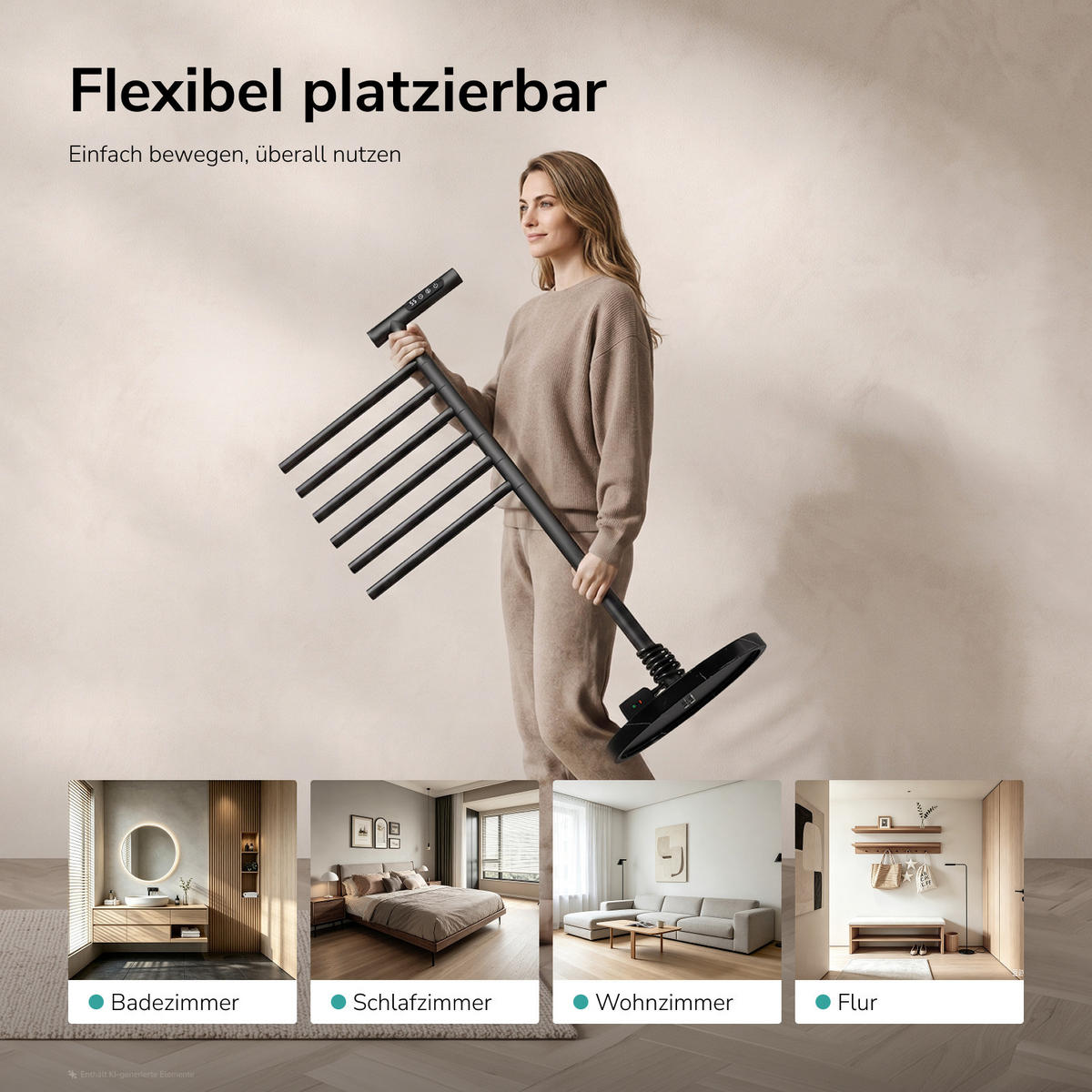 HANDTUCHHALTER elektrisch Standmodell LED Touch Display/App-Steuerung Schwarz 100/53,9 cm - Schwarz, Metall (53.9/100/35cm) - EMKE