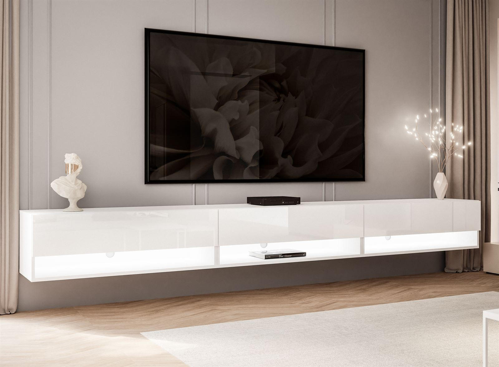 HÄNGESCHRANK TV-Möbel CALANTE 270 cm mit LED-Beleuchtung - Weiß Hochglanz, Holzwerkstoff (270/30/35cm) - Lookway