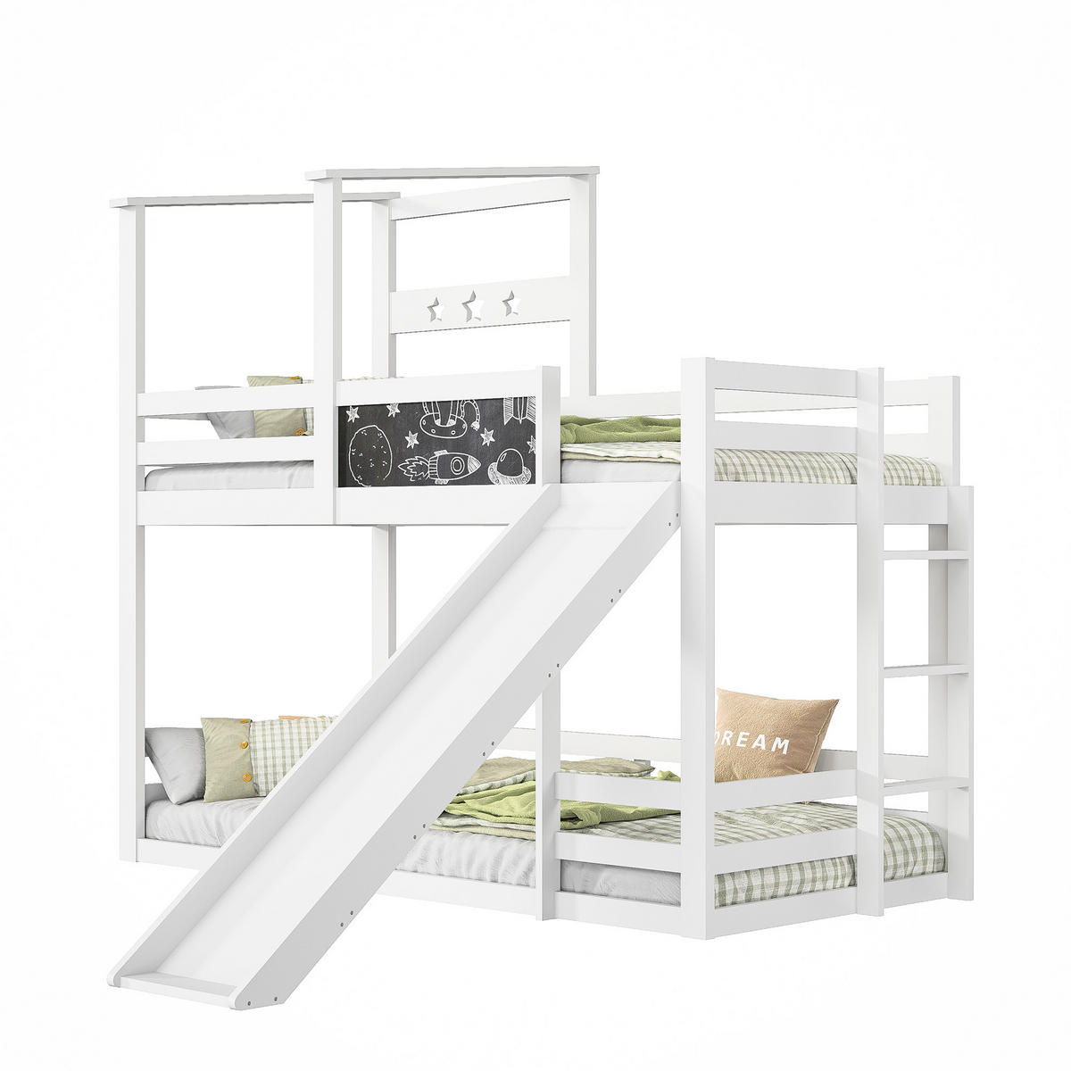 ETAGENBETT 90x200 cm Kinderbett mit Tafel, Rutsche & Stauraum - Weiß, Holz