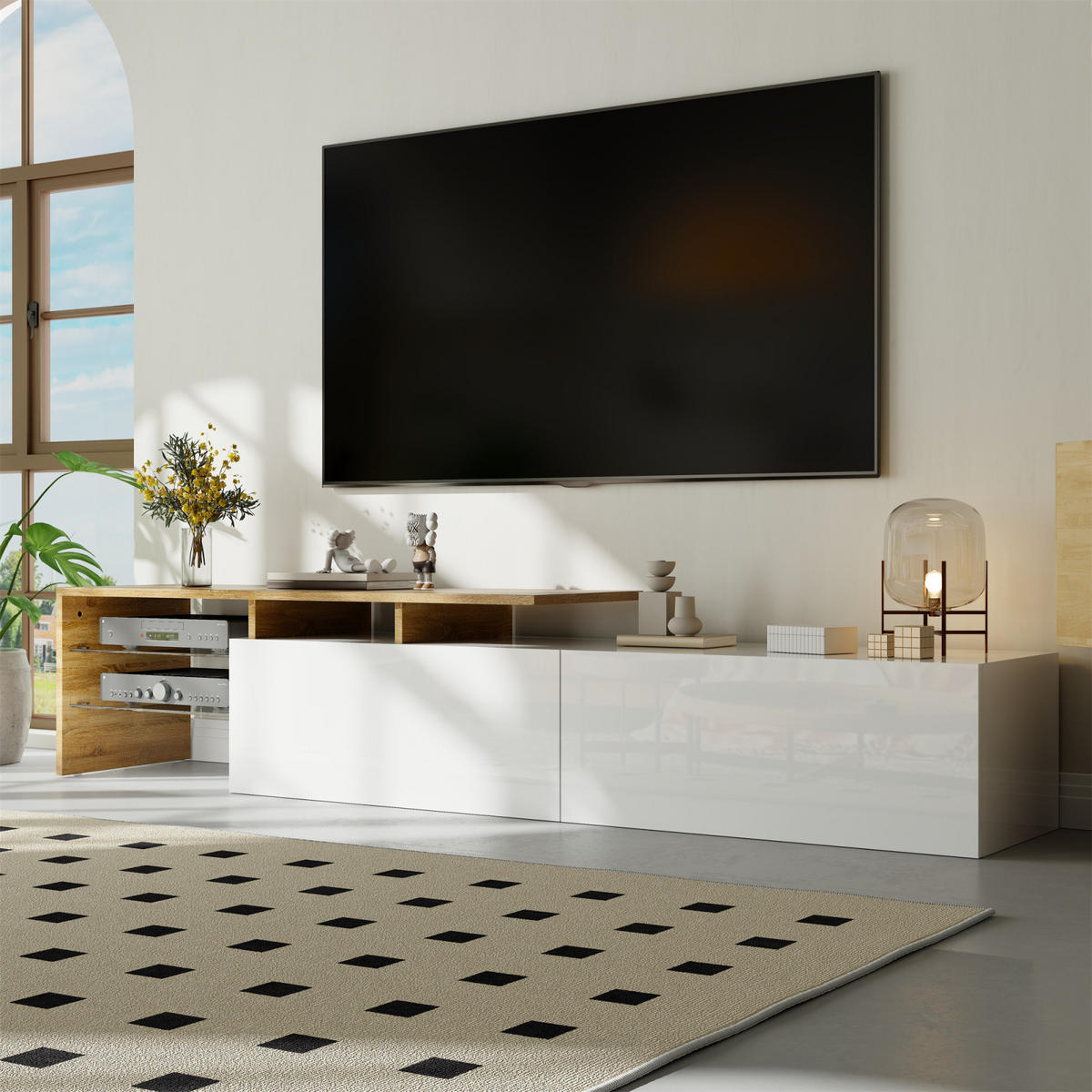 TV Lowboard LED, Holzoptik, Glasregale, Weiß - Weiß, Holz (170/33.5/33cm)