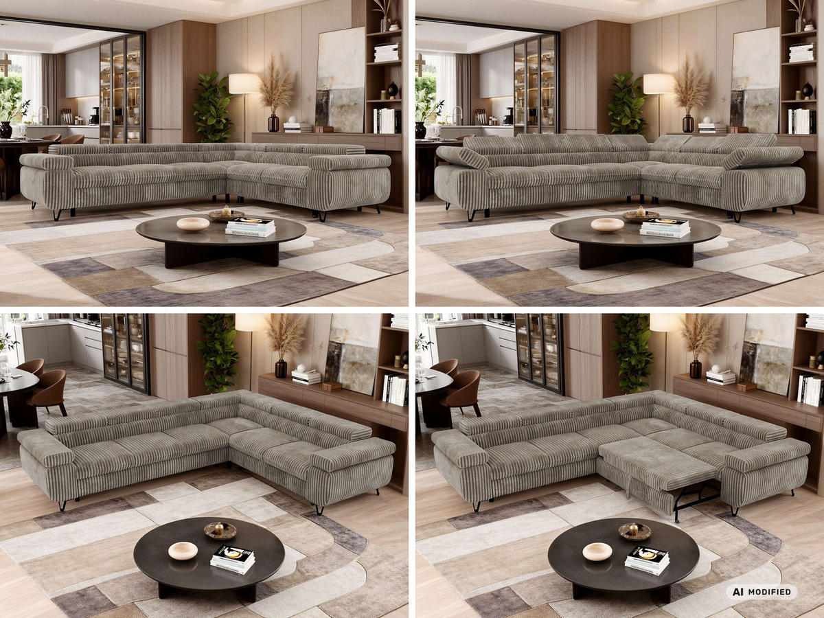 ECKSOFA NORDEN L - Hellbraun Cord - Links Seite - Hellbraun/Schwarz, Textil/Metall (269/329cm) - MKS