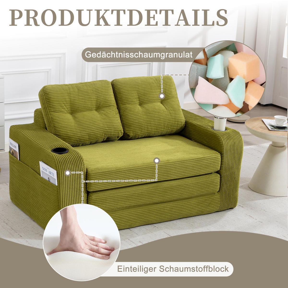 SCHLAFSOFA in Olive Cord mit Getränkehalter und Seitentaschen - Olivgrün, Textil (136/82.5/80cm) - Oxeza