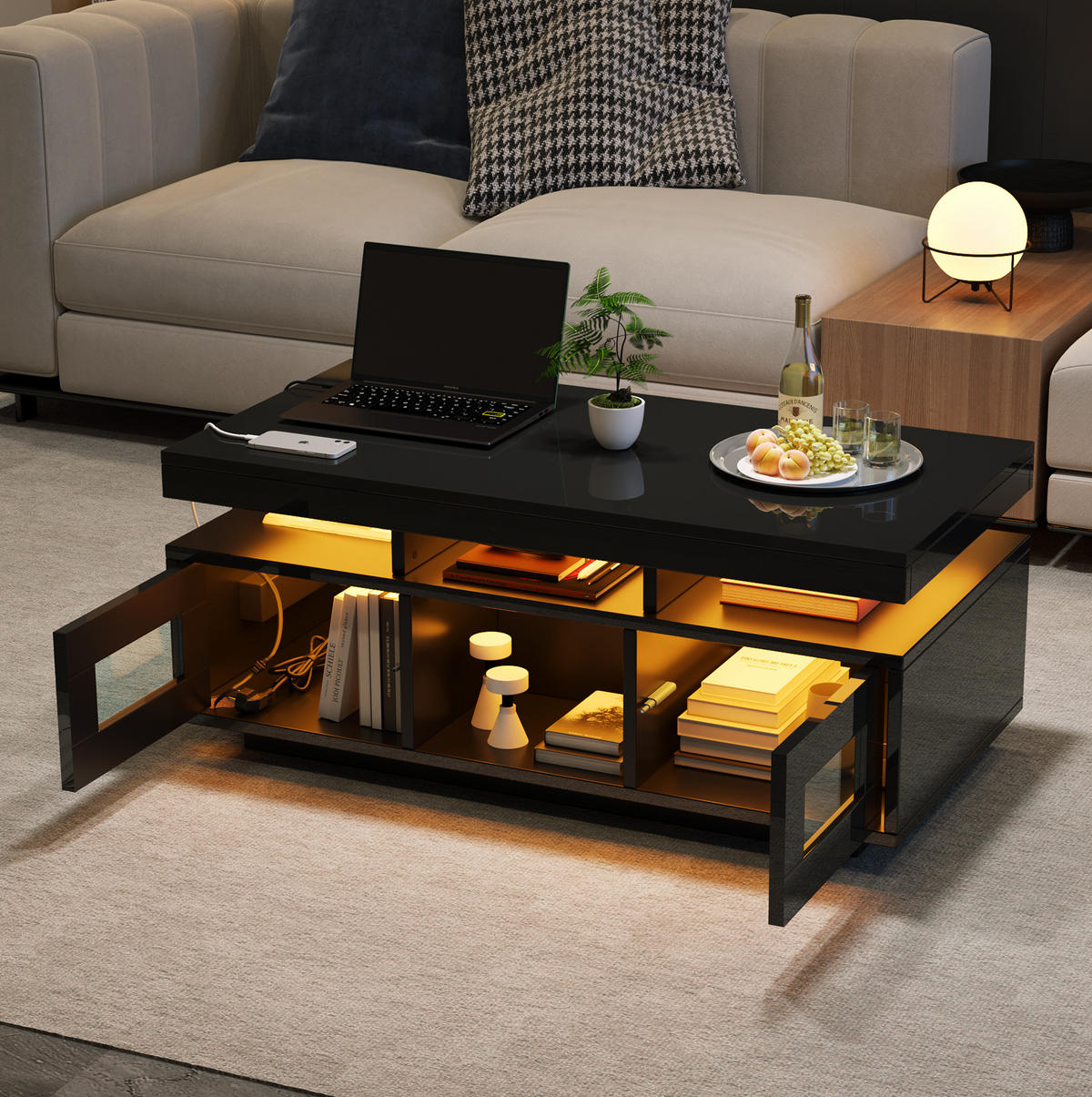 COUCHTISCH aus Spanplatte 100x50x43 cm Schwarz mit App-gesteuerter LED, Steckdose und USB-Anschluss - Schwarz, Holzwerkstoff (100/50/43cm) - IVMEU