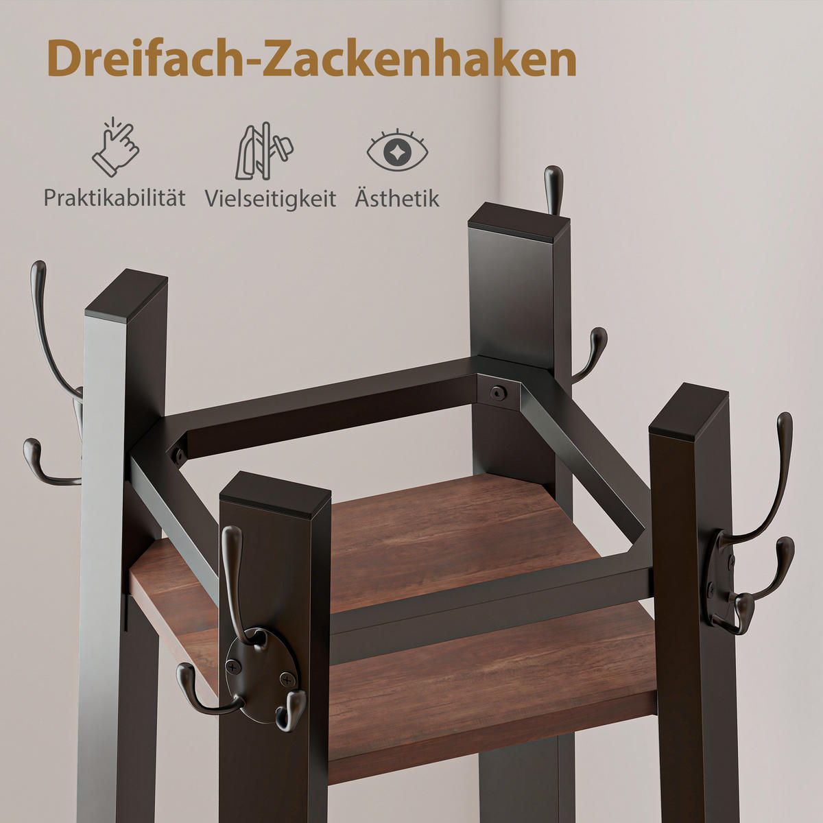 GARDEROBENSTÄNDER, Kleiderständer mit 4 Ablagen und 8 Haken im Industrie-Stil - Schwarz/Braun, Holzwerkstoff/Metall (34.8/179/34.8cm) - HOMCOM