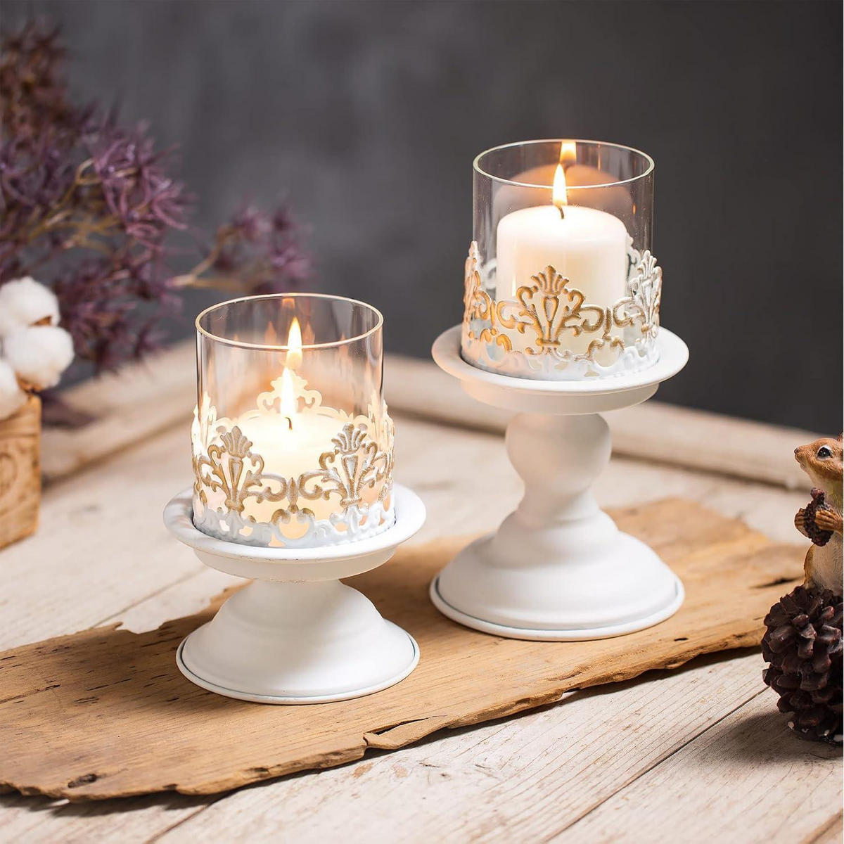 KERZENSTÄNDER 2-teiliges Set Weiß Antik Metall mit Glas - Weiß, Metall (11.5/16/11.5cm)