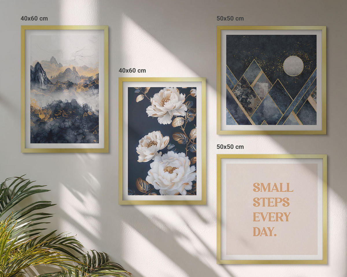 BILDER SET 4er Set - 50x50 cm & 40x60 cm Goldrahmen - Abstrakte Berge und Blumen Inspiration - Goldfarben, Kunststoff (50/50cm) - TULUP